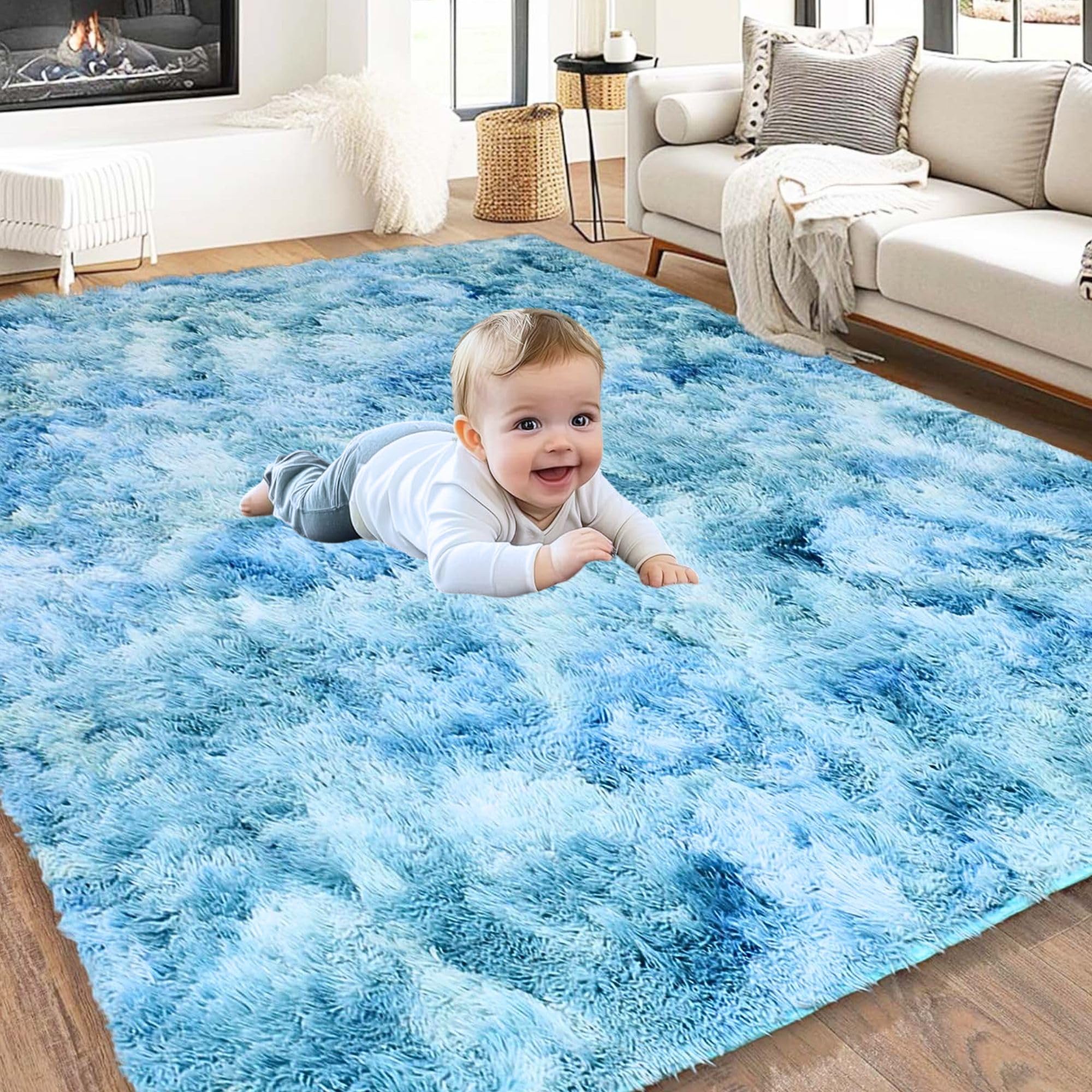 Hafaa Fluffy Shaggy Rugs Living Room Tie-Dye Teal 160x230 cm, Large Soft Thick Pile Carpet, Non Slip Bedside Rug for Kids Bedroom, Nursery, Lounge - Non-Shedding