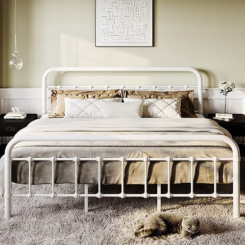 Miniatura 20 de SHA CERLIN Base de cama de tamaño matrimonial con cabecera y estribo de estilo vintage, base de colchón resistente, no necesita somier, fácil