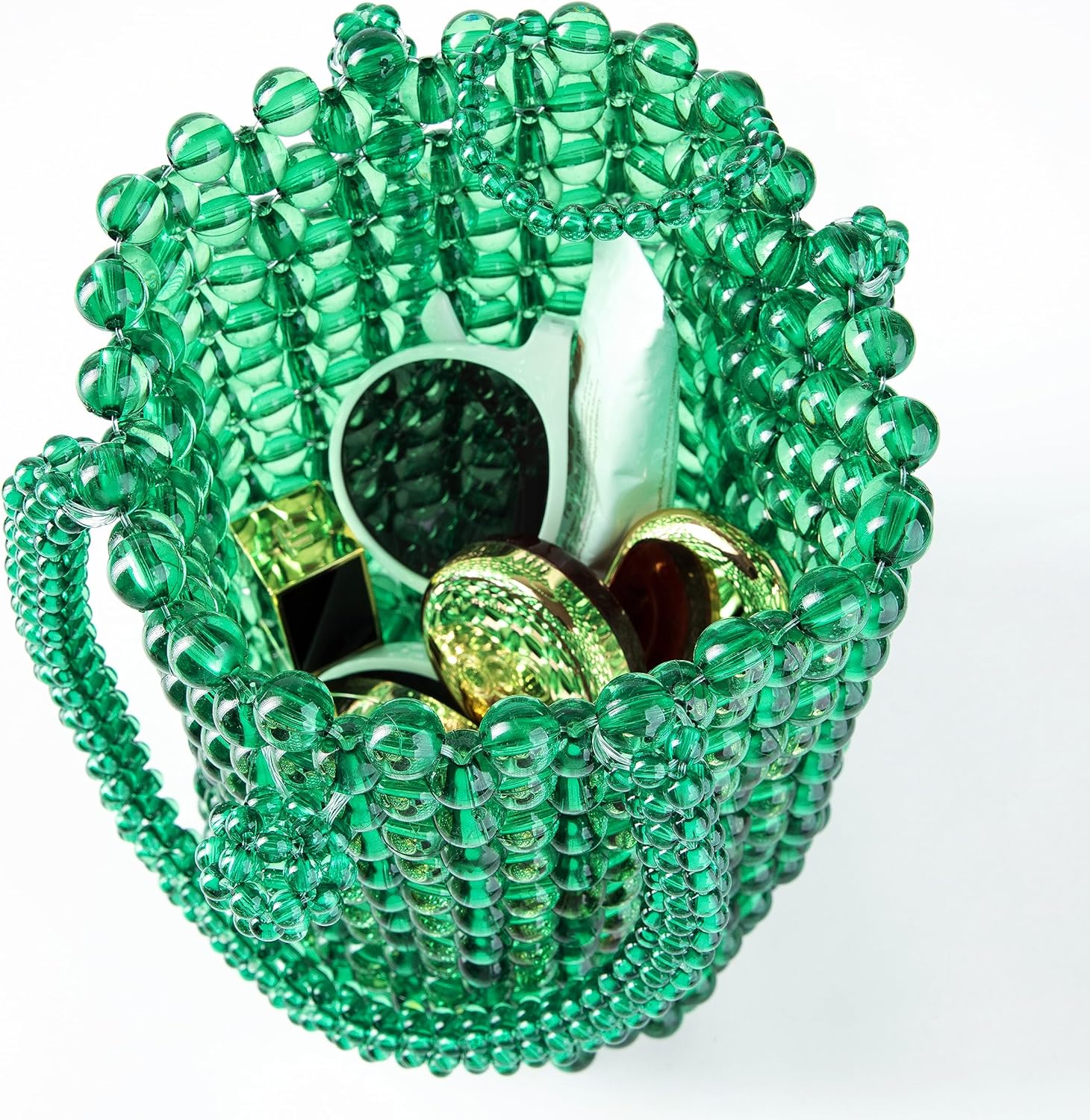 Women Green Acrylic Beaded Handbag Handle Bucket Bag Evening Bag for Wedding Party