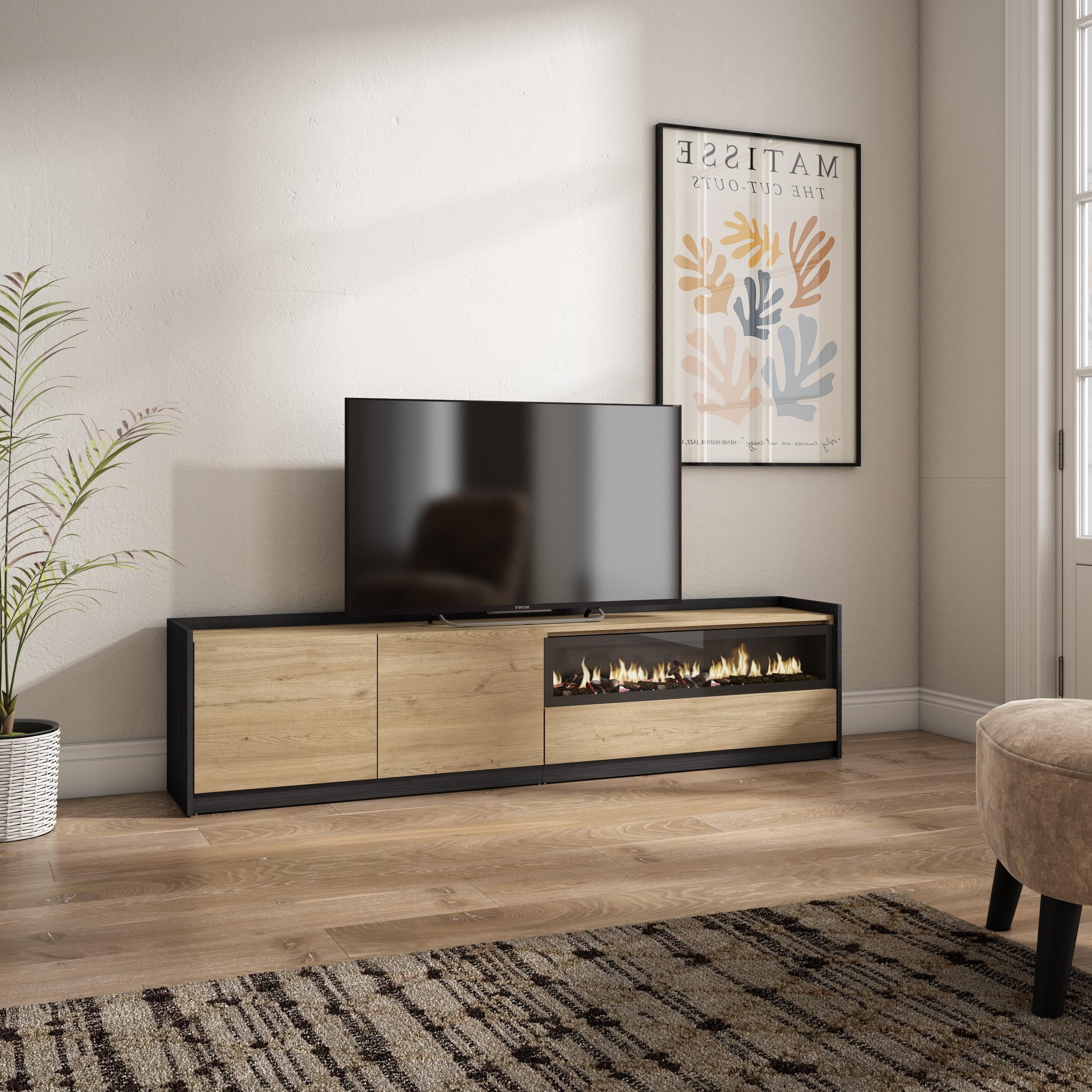 Skraut Home | Mueble TV | Muebles de salón, almacenaje | 207x50x37 cm | para televisión hasta 80" | Chimenea eléctrica | Estilo Moderno | Roble y Negro