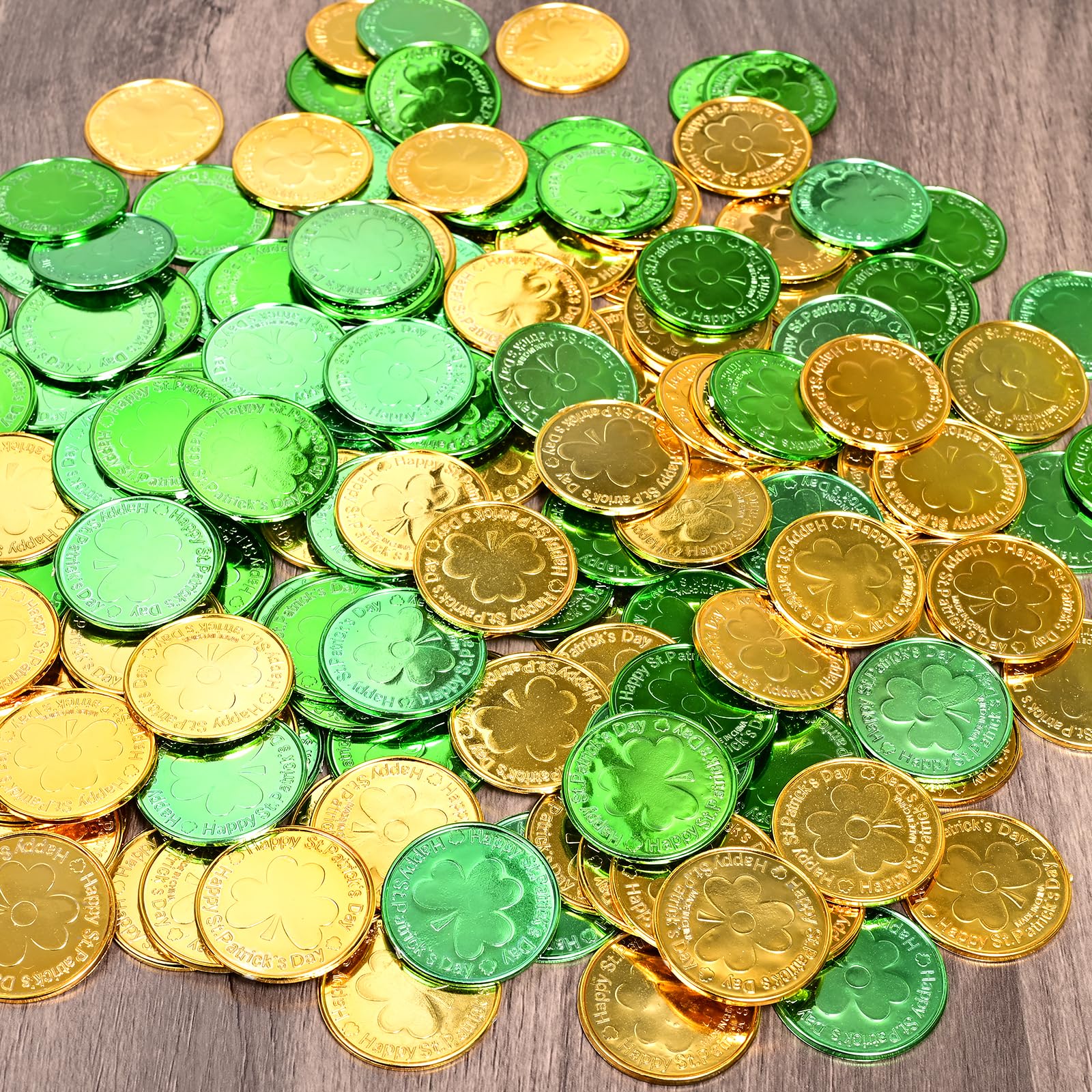 EnriQ 160 PCS St Patricks Day Gold Coins - Shamrock Gold Green Lucky Coins Plastic Leprechaun Coins 3-Leaf Clover Coin for St Patricks Day Decorations Party Favors - 5