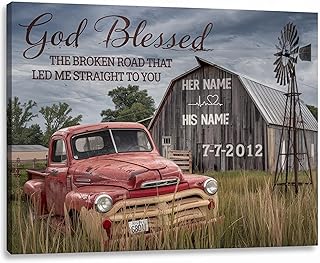 Custom Vintage Truck Farmhouse Canvas Gift, Custom Canvas Prints Anniversary Wedding Gift God Blessed The Broken Road Old Truck And Barn Wall Art Decor, Couple Name Rustic Farmhouse Red Truck