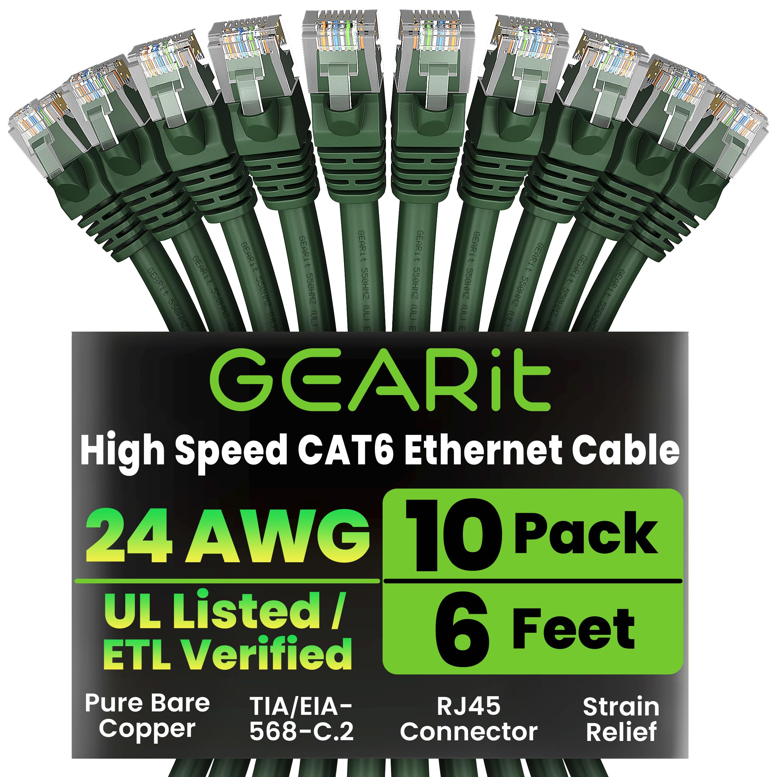 GEARit Cat 6 Ethernet Cable (10-Pack 6 Feet) Cat6 Network Patch, 10Gbps, RJ45, Snagless Cord, Gold-Plated Connectors, Internet for PC, TV, Tablet,