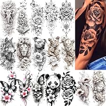 17 Sheets 3D Peony Rose Flowers With Animals Temporary Tattoos For Women Adults Arm Thigh Tatoos Sticker, Realistic Floral Lion Panda Butterfly Fake Tattoos Jewelry Pendants Turtle Decals Long Lasting