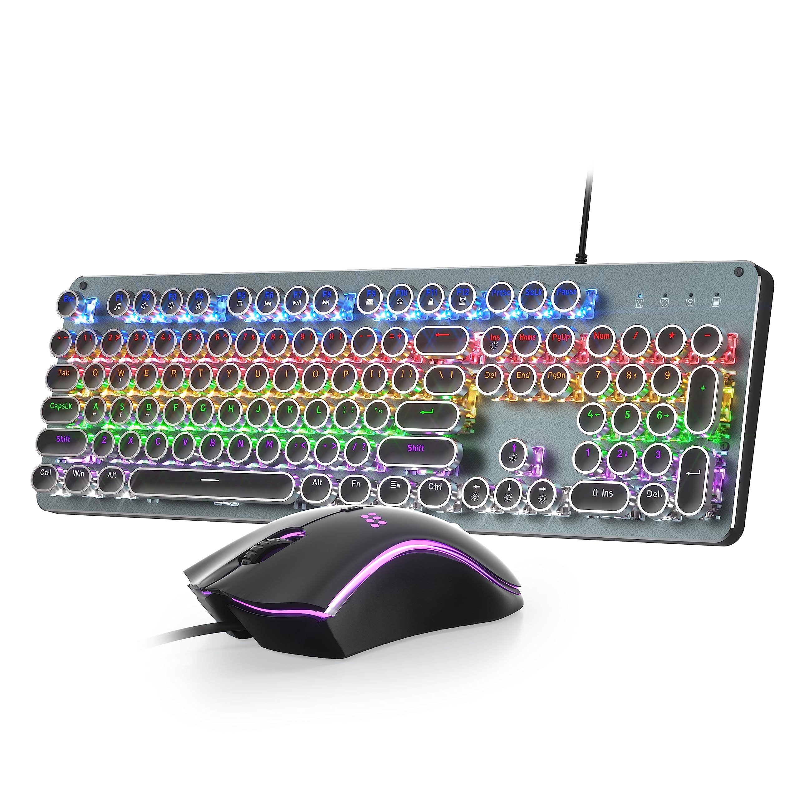 Typewriter Mechanical Gaming Keyboard Mouse Combo, Metal Panel Retro Keyboard with Round Keycap Blue Switch, RGB Backlit 104 Keys Anti-Ghost Wired Keyboard and Mouse with 3 DPI for PC Laptop Mac Gamer