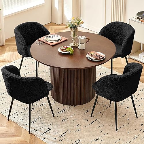 5-Piece Round Dining Table Set for 4, 47-Inch Walnut Kitchen Table and Upholstered Chairs Set for Dining Room, Modern Circle Dinette Table Set with Black Barrel Dining Side Chairs Upholstered