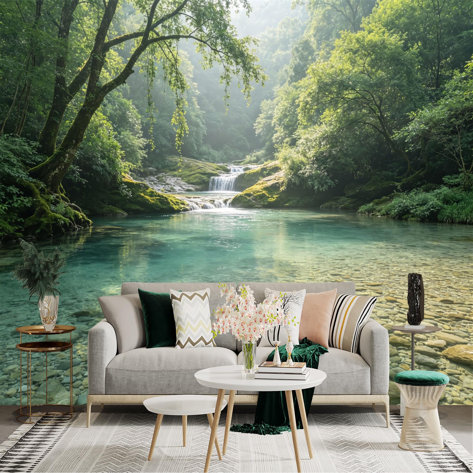 Lnzczhyre Dbh260521413 Custom Size Wall Sticker Mural， Serene Forest Stream， Crystal Clear Water， Mossy Rocks， Tranquil Woodland Scenery， For Wall Decoration， Peelandstick Wall Decals.