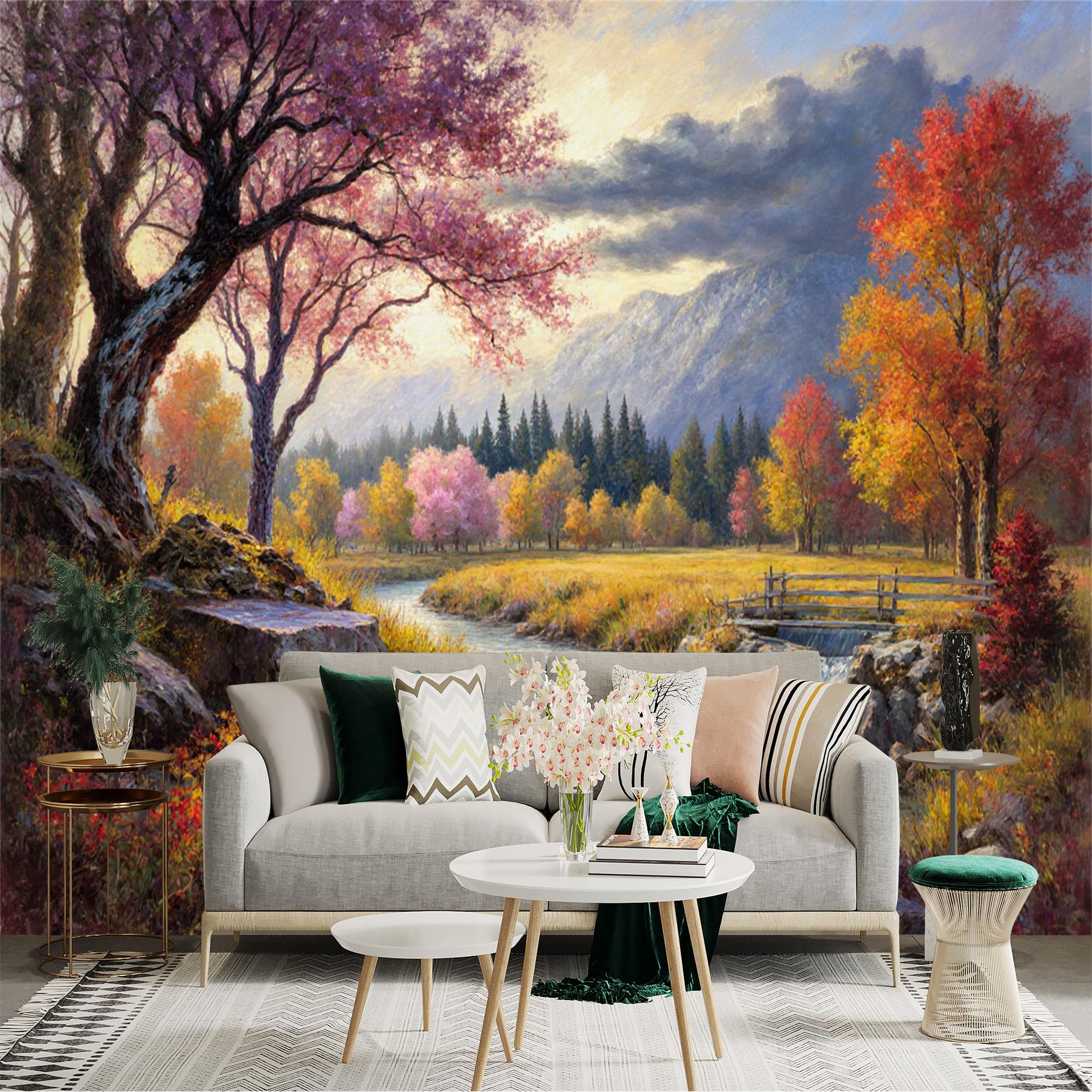Lnzczhyre Xc260505599 Custom Size Wall Sticker Mural， Vibrant Autumn Forest Landscape With Stream， Colorful Trees And Mountain Scenery， For Wall Decoration， Peelandstick Wall Decals.