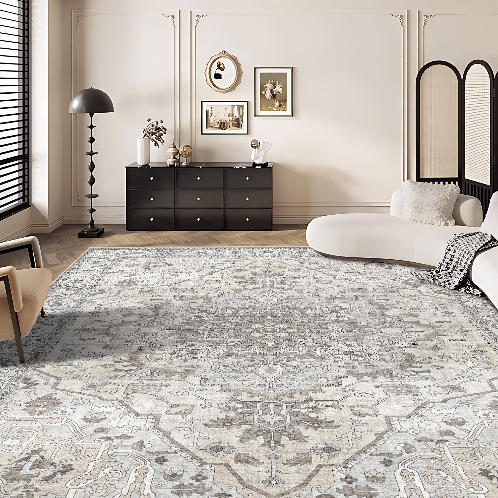 Area Rugs 9x12 Living Room Rug Boho Area Rug Deerly Washable Rugs 9x12 Vintage Diamond Indoor Large Bedroom Rug with Non Slip Rubber Backing for Under Dining Table Office Bedroom, Beige