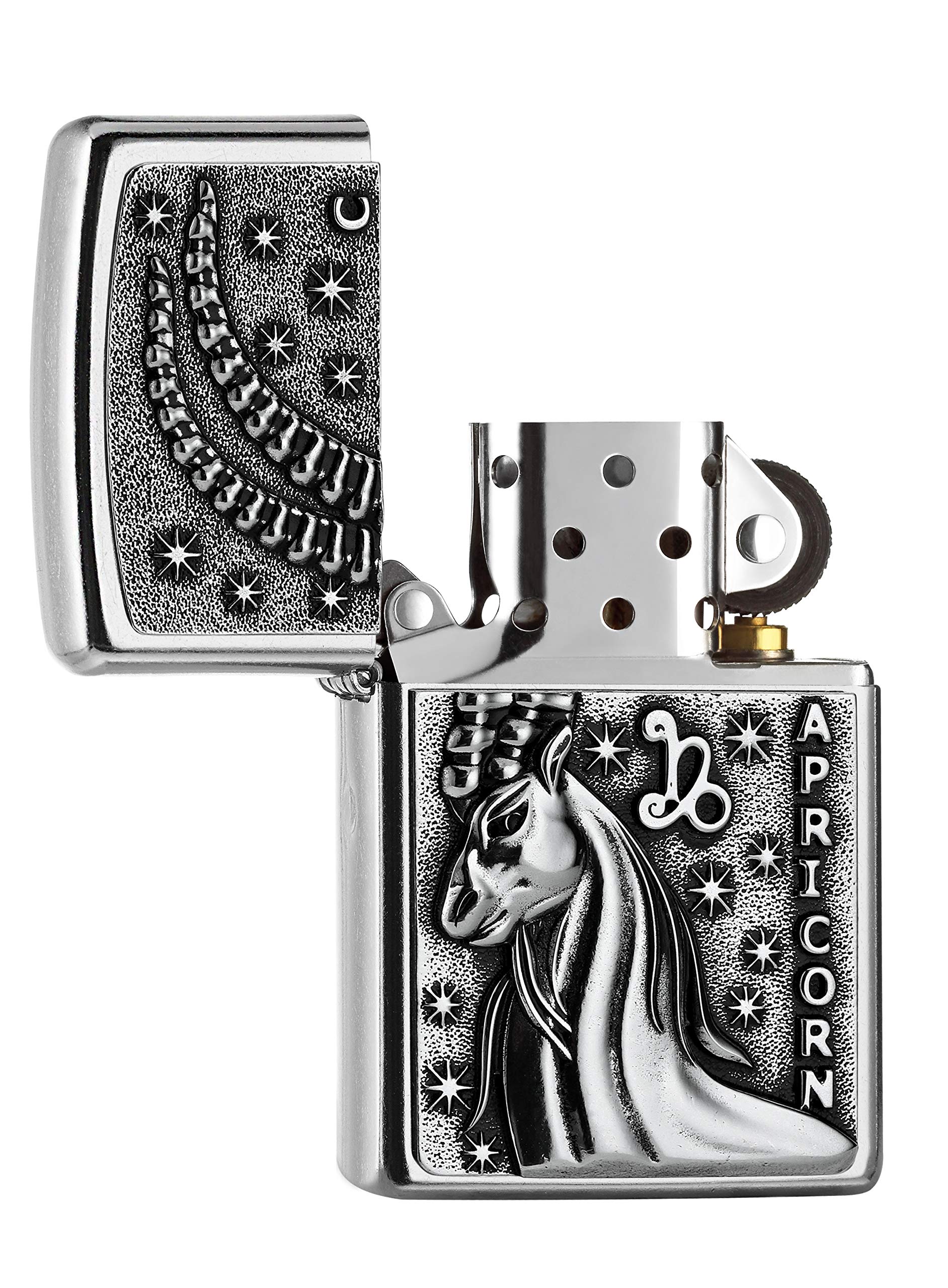 Zippo Briquet tempête – Motif Signe du Zodiaque Capricorne Street Chrome, emblème – Rechargeable – Réutilisable – Design Coupe-Vent – Boîte Cadeau – Fabriqué aux États-Unis