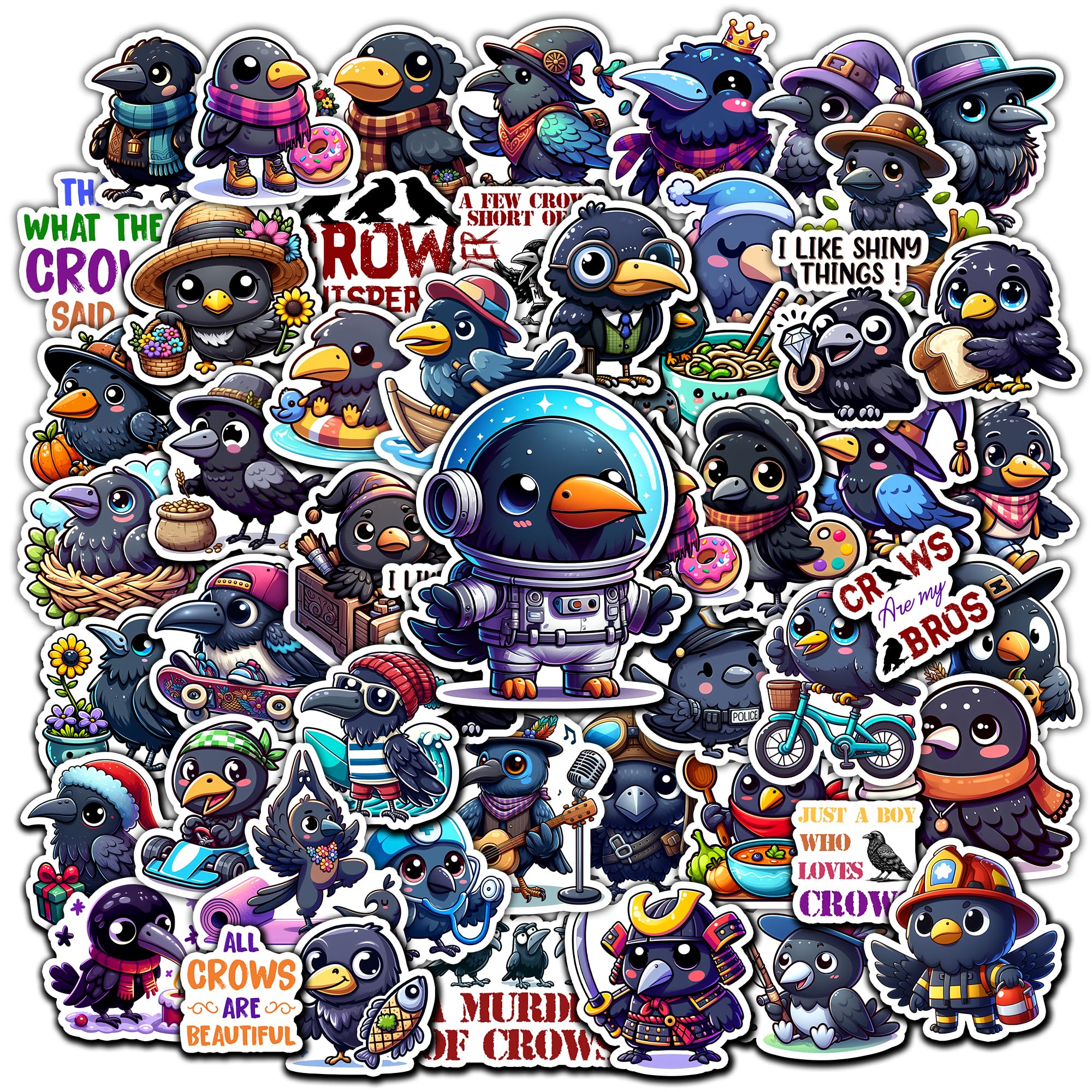 Pack 50 PCS Crows Stickers Print Cool Animal Cartoon Waterproof Vinyl Decals Cute Items for Adults Men Women Teens Boys Girls Decor Laptop Phone Case Water Bottles Helmet