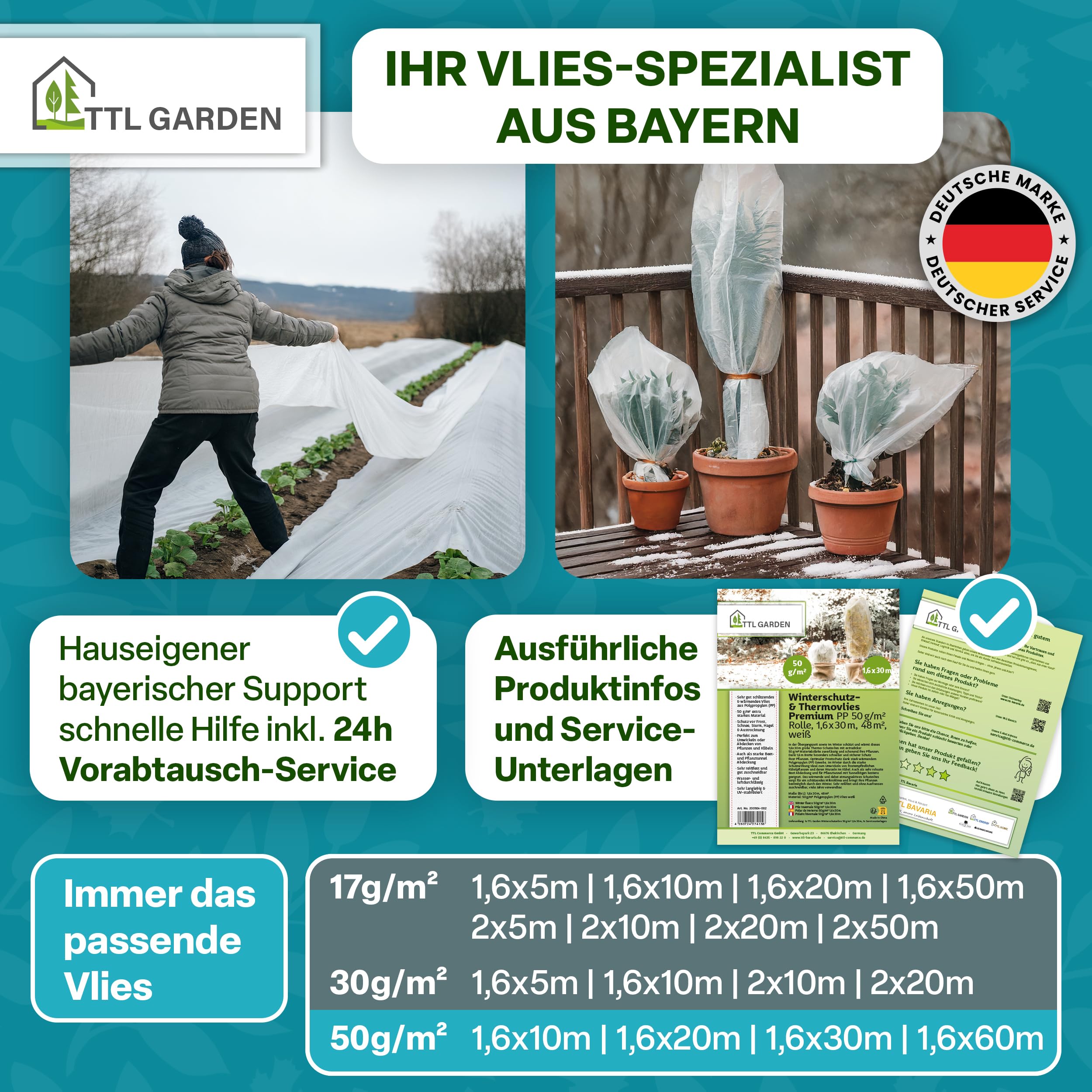TTL GARDEN 50g/m² Wintervlies 96m² 1,6m x 60m weiß auf Rolle + 100m Schnur | - Frostschutz Thermovlies Gartenvlies Winterschutz für Pflanzen außen – Pflanzenvlies Pflanzenschutz Winter Kübel & Hochbeet