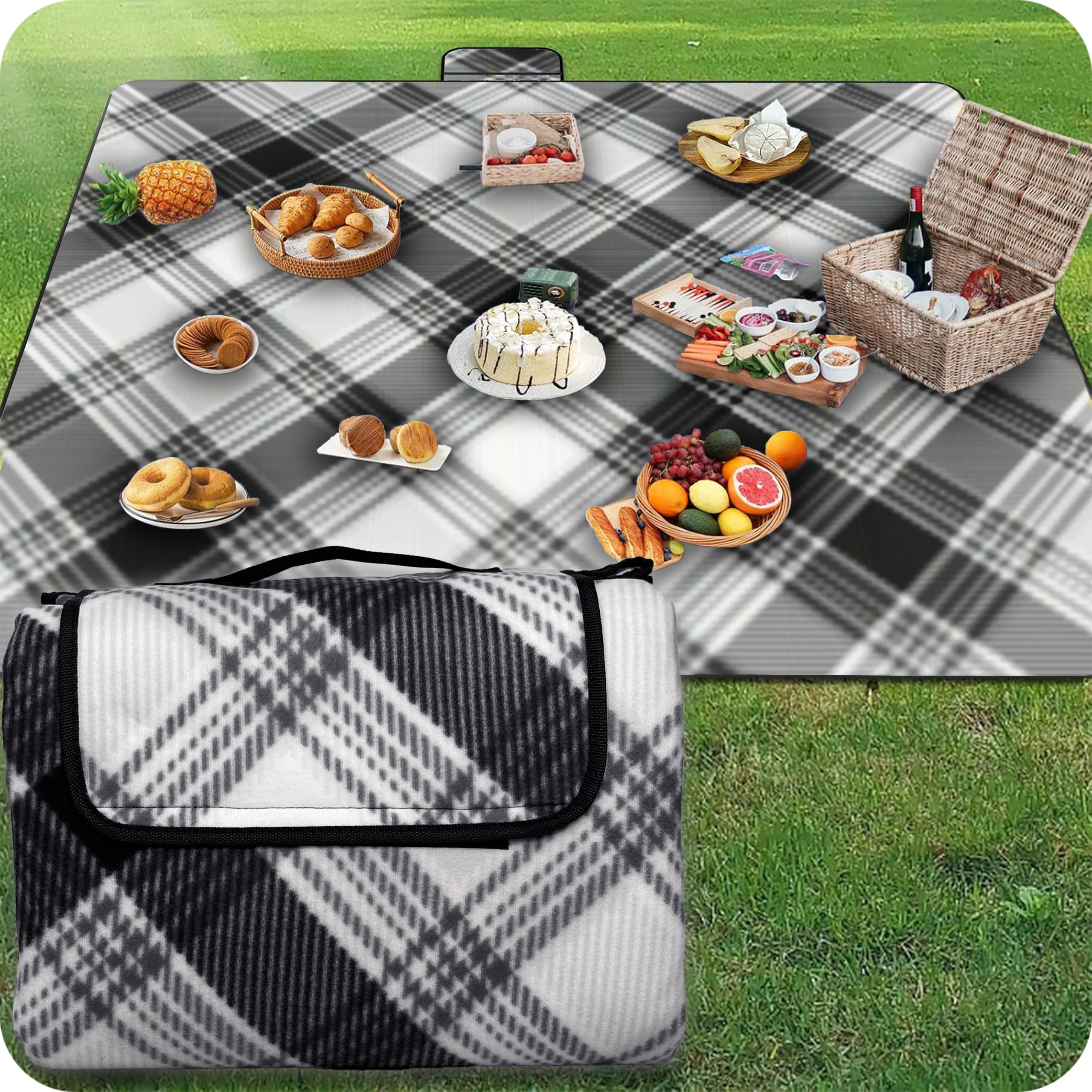 KRUMAD Coperta da picnic, impermeabile, XXL, 200 x 200 cm, per esterni, imbottita, senza sabbia, da campeggio, per spiaggia, giardino e parco, pieghevole con maniglia, leggera e comoda (grigio-nero)