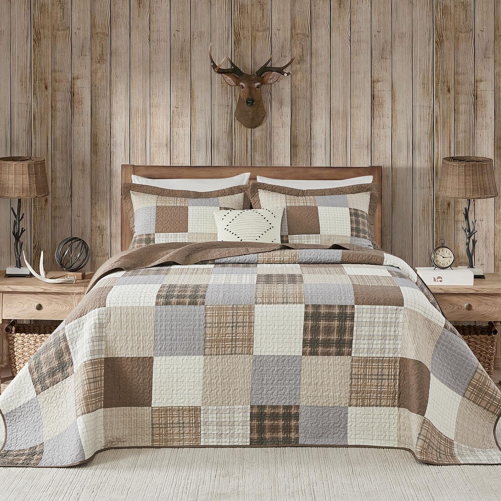 Photo 1 of FineStichery 100% Cotton King Bedspread 120"x120", Oversized Quilt Bedspread Coverlet Set, Farmhouse Plaid Patchwork Pattern, Reversible Quilted Bedding Set, 3 Pieces, Khaki/Gray/Brown