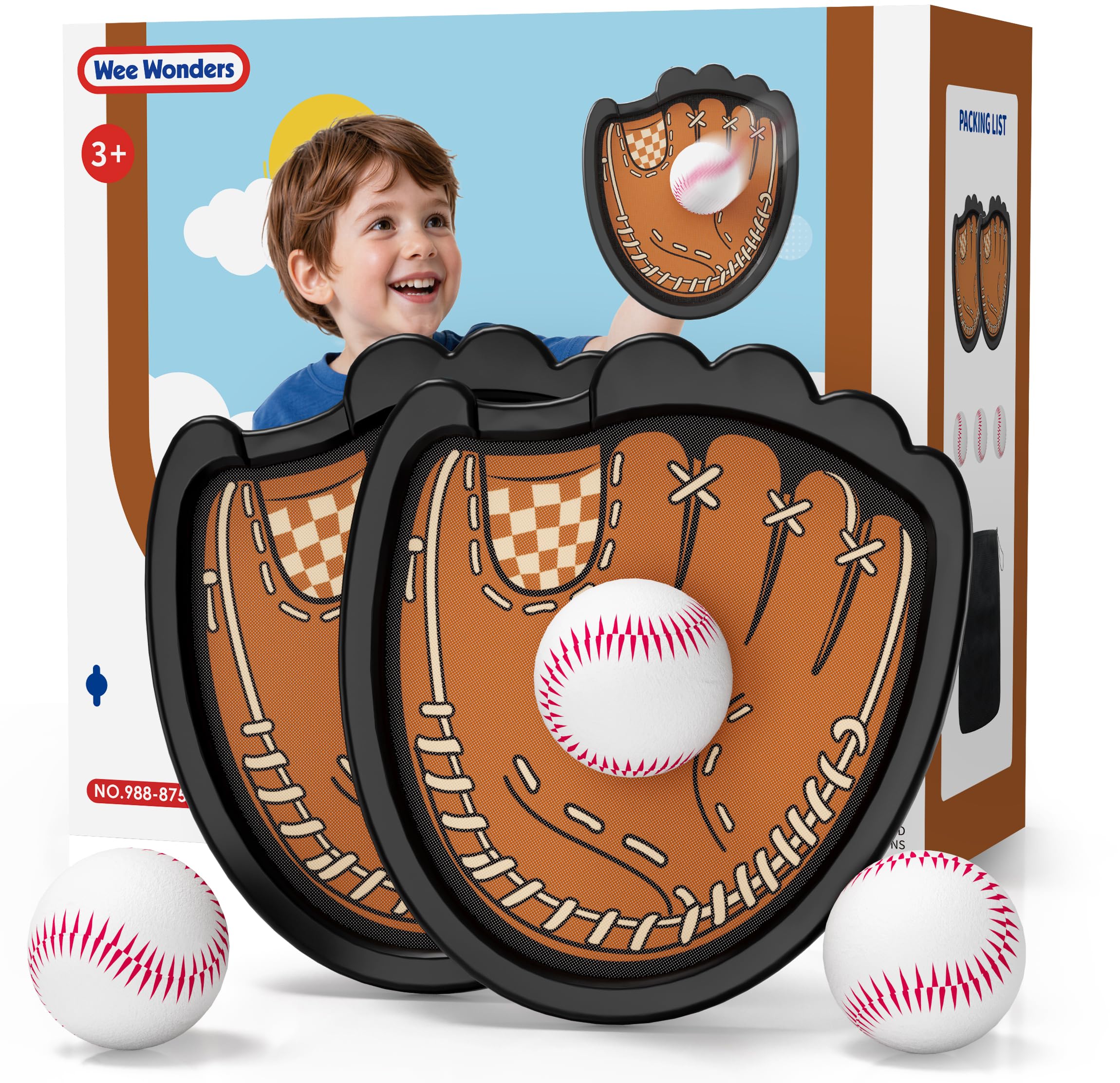 Wee Wonders Toss and Catch Ball Set, Toddler Baseball Glove Includes 2 Paddles & 3 Sticky Balls, Catching Ball Game for Beach Yard Pool Outside, Indoor Outdoor Toys Gifts for Kids Ages 3-12, Brown