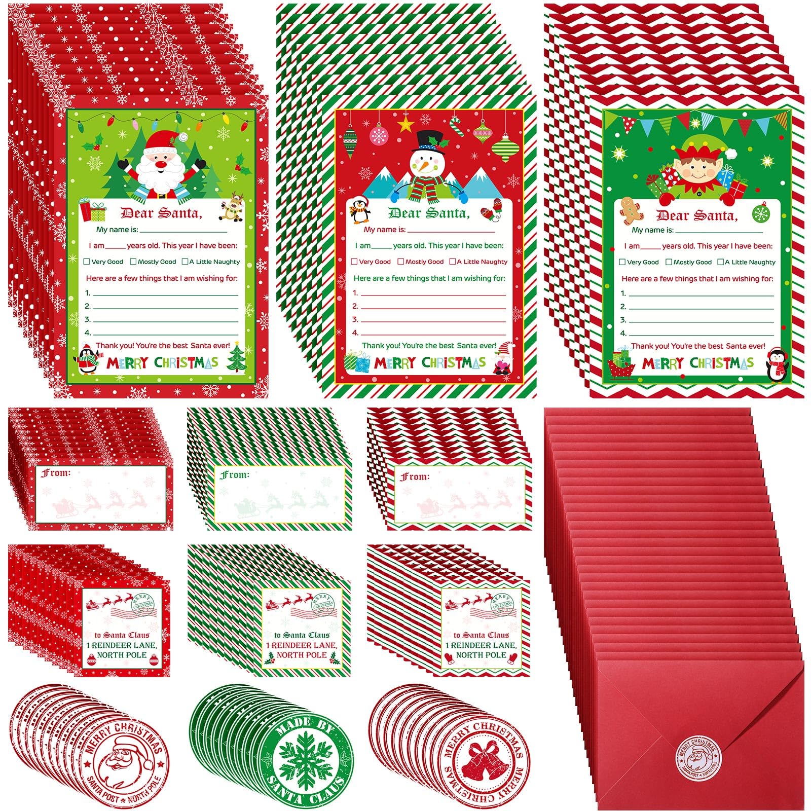 Harloon 150 Pcs Letter to Santa Writing Kit Christmas Wish List Snowman Elf Xmas Letter Paper Stationary with Sticker Snowflake Envelopes Christmas Nice Naughty List for Holiday Greeting Supplies