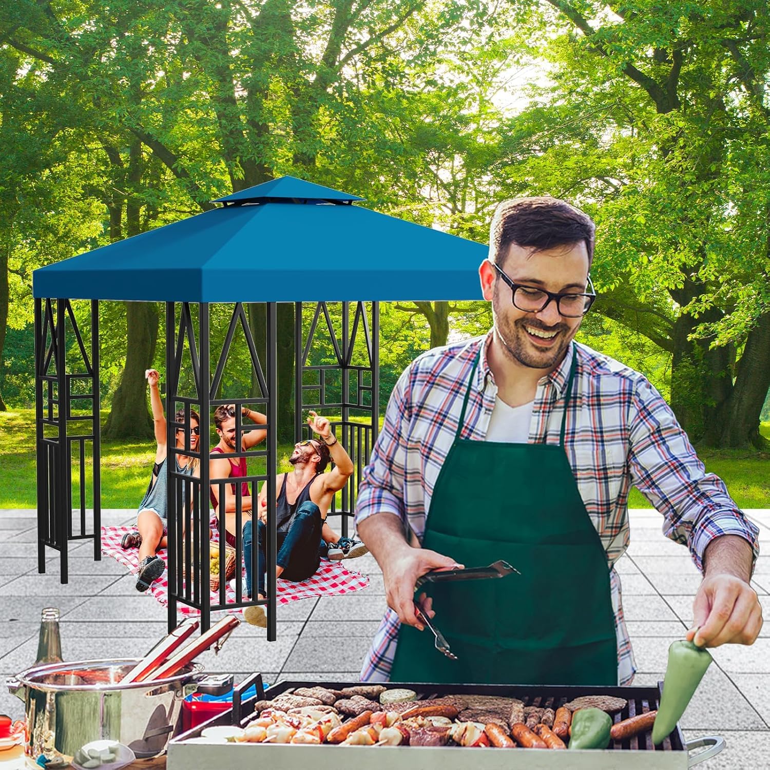 Gazebo Canopy Replacement 10x10ft Outdoor Shelter for Smaller Top Double Tiered Canopy Cover (Blue)