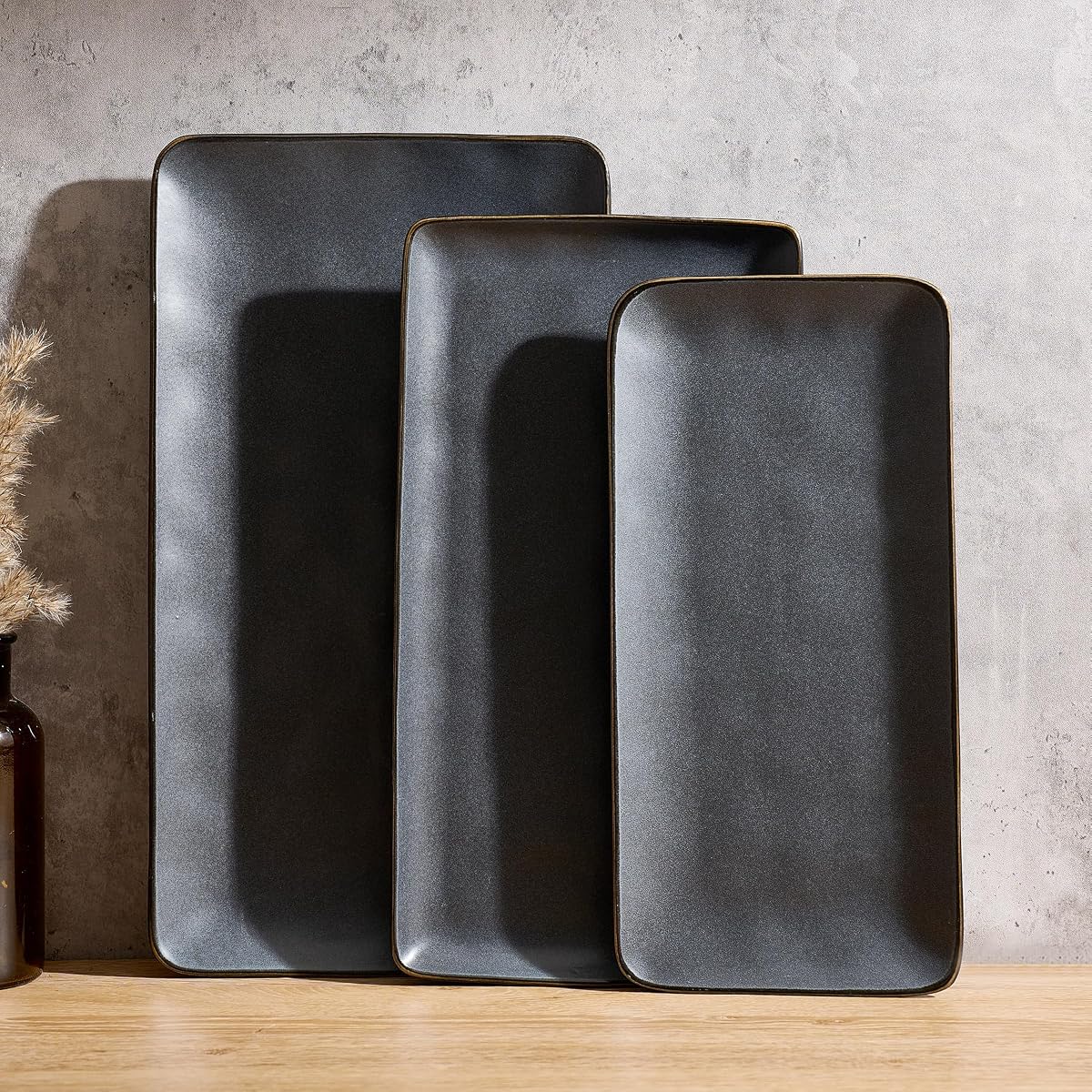Juego de platos para servir de 3 tamaños: rectangulares, carbón oscuro mate | Bandejas de servicio de gres fino de 15,67"/14,1"/12,6" para fiestas, entretenimiento para comida, pavo, queso, apto para microondas y lavavajillas