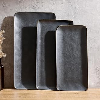 Serving Platter, Rectangular 15.67/14.1/12.6inch Serving Dishes for Entertaining, Dishwasher Safe, Stoneware Serving Trays for Party, Food, Turkey, Snack, Cheese, Reactive Glaze, Matte Black