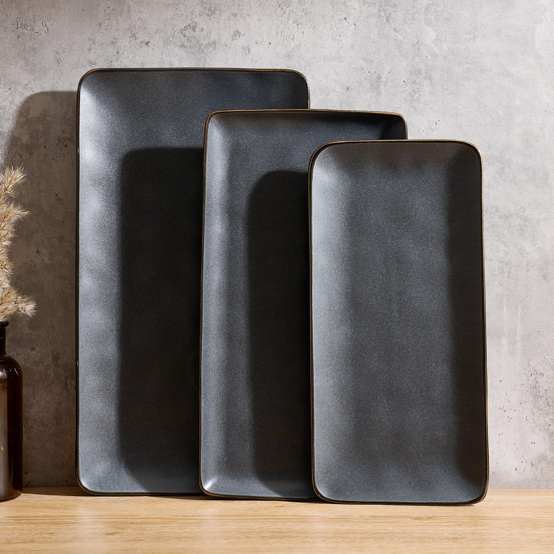 Serving Platter, Rectangular 15.67/14.1/12.6inch Serving Dishes for Entertaining, Dishwasher Safe, Stoneware Serving Trays for Party, Food, Turkey, Snack, Cheese, Reactive Glaze, Matte Black