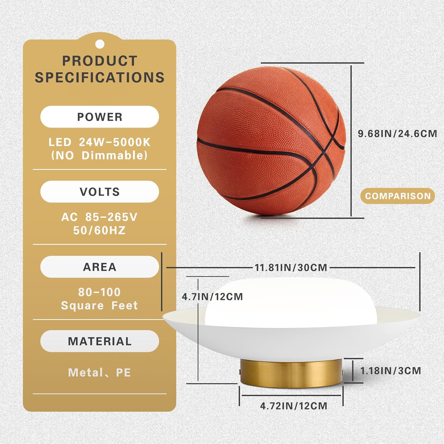 Modern LED Semi Flush Mount Ceiling Light Fixture,Energy Saving 24W Non Dimmable,White and Gold,Easy to Install,for Hallway Bedroom Kitchen Bathroom Closet Entryway Laundry Room,5000K(11.81")