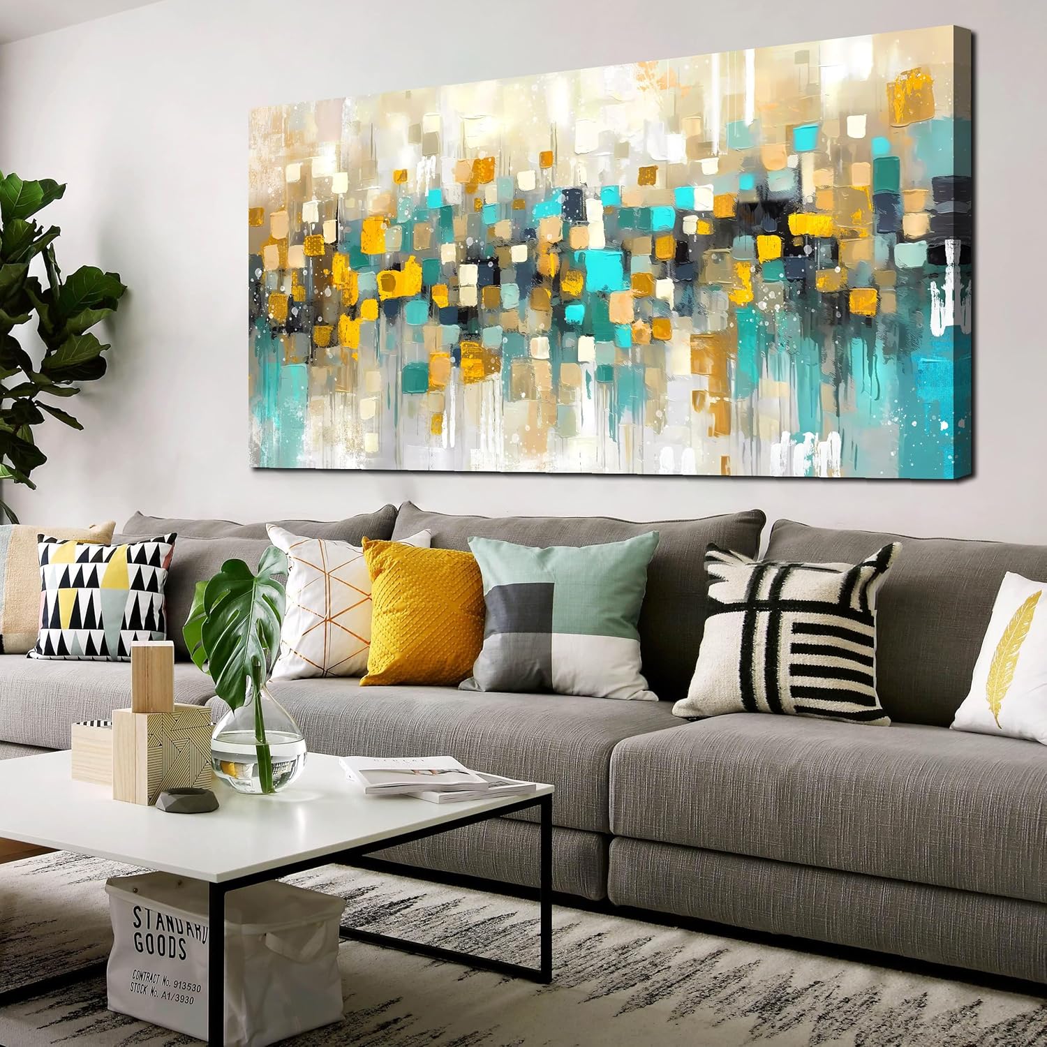 Amazon.com: LAOTOART Abstract Wall-Decor Living Room - Yellow Art Work ...