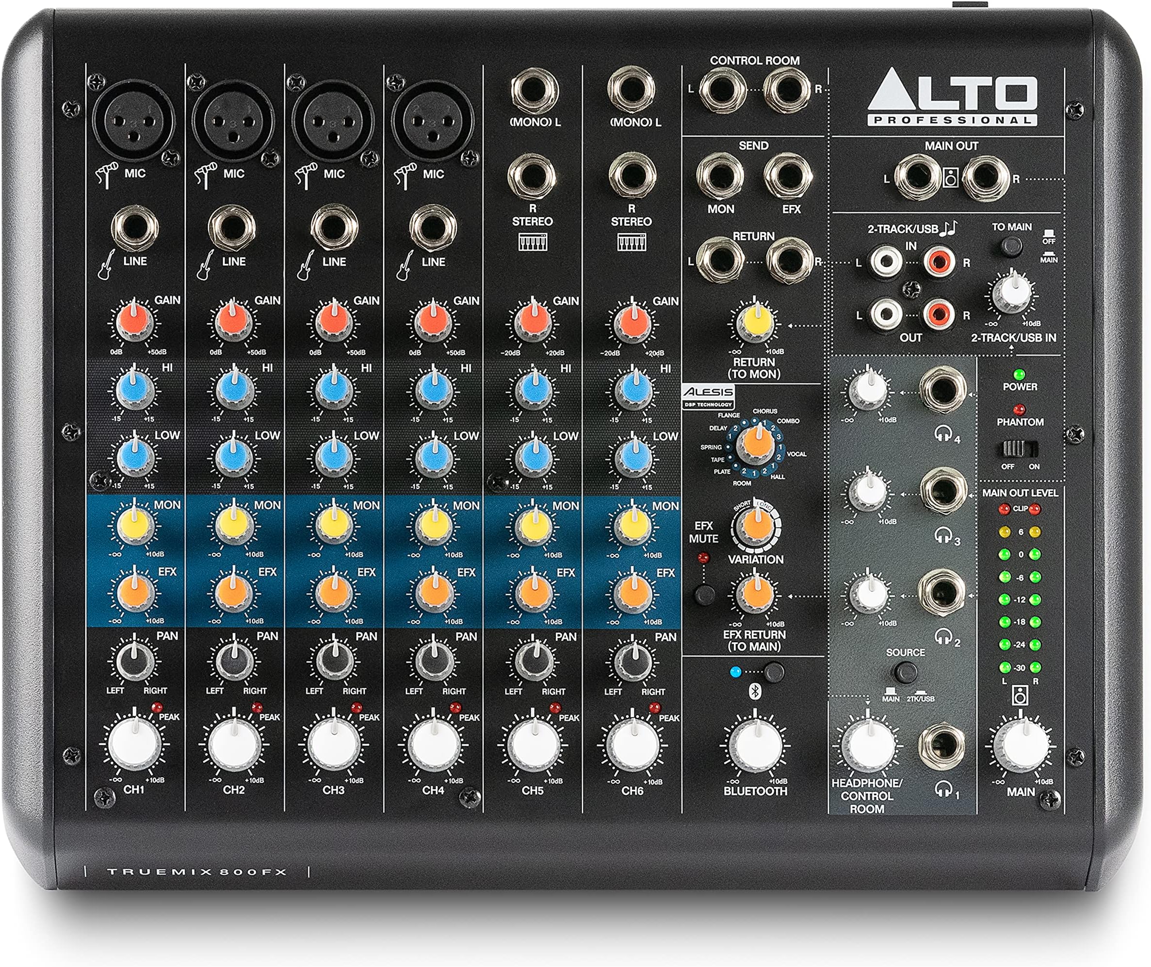 Alto Professional TrueMix 800FX Audio Mixer with 4 XLR Mic Ins, USB Audio Interface and Bluetooth for Podcasting, Live Performance, Recording, DJ, Mac and PC