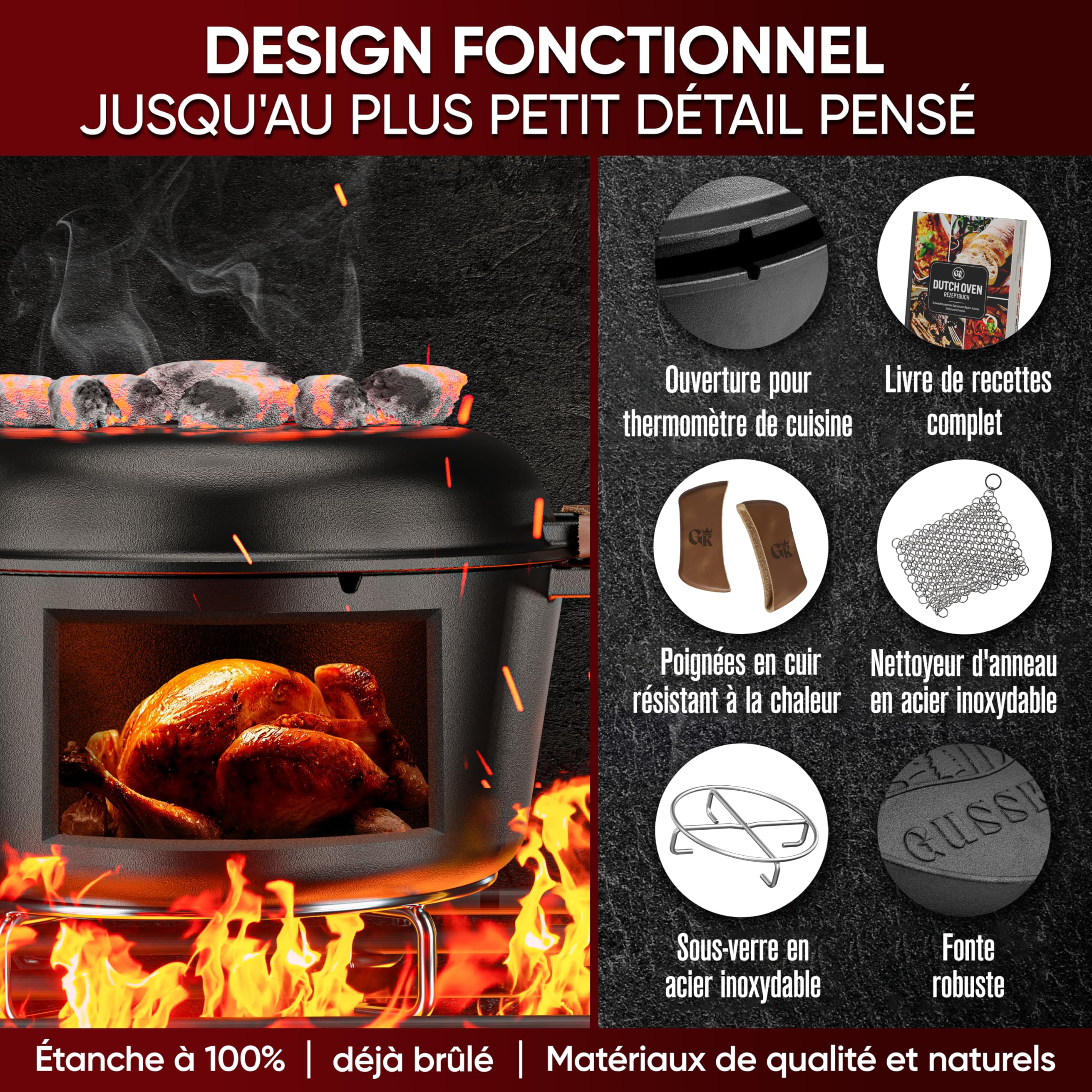 GUSSKÖNIG Dutch Oven 2-en-1 (4,8 L) avec poêle (1,8 L) en matériau robuste – Cocotte Norvégienne avec accessoires et livre de recettes – Idéal BBQ, camping, cuisine.