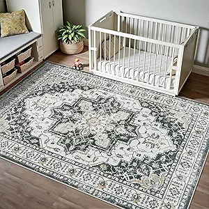 Madane Area Rug 4x6 Washable Rugs: Vintage Living Room Rug Soft Low Pile Non Slip Area Rugs Distressed Indoor Floor Carpet for Bedroom Kitchen Dining Room Home Decor, Black