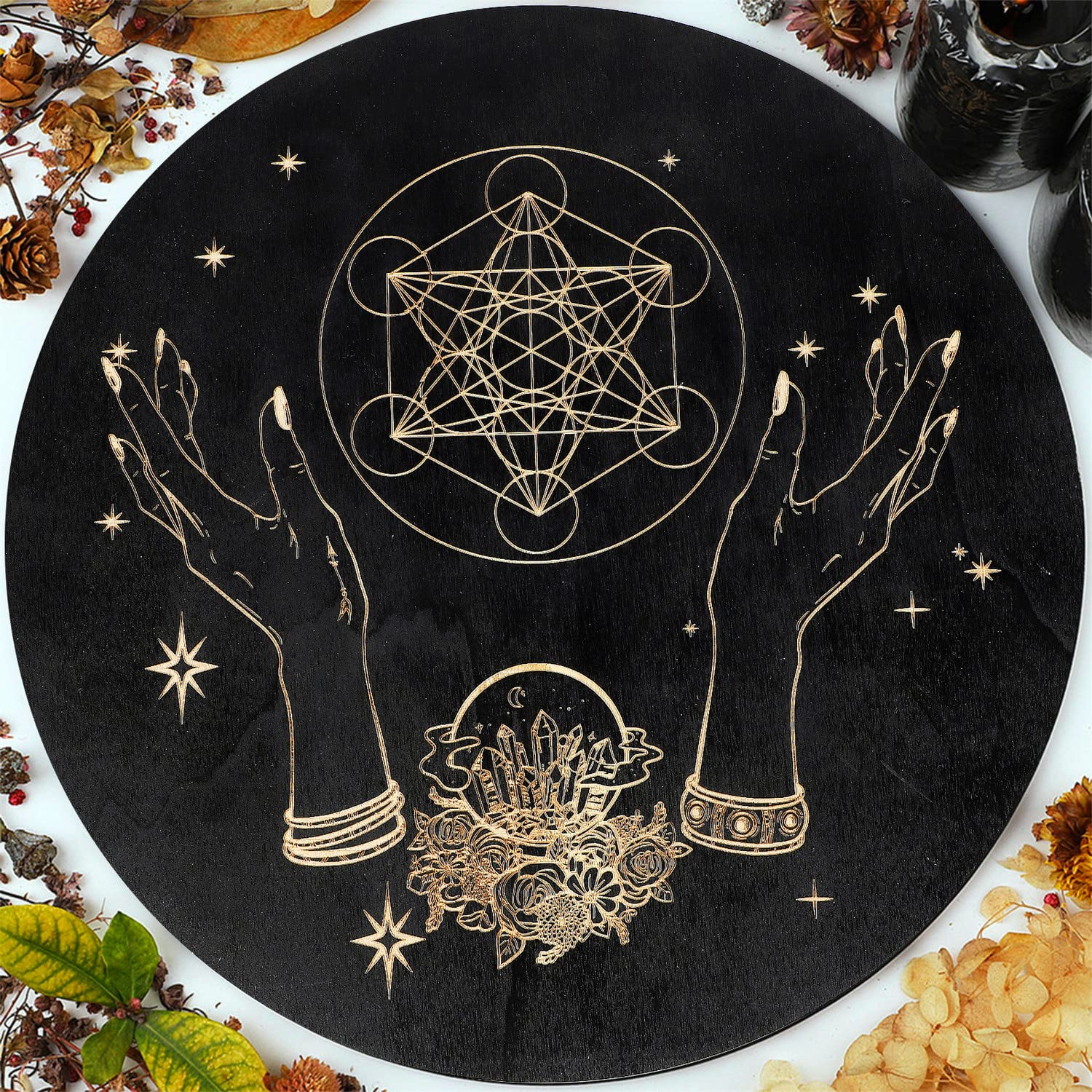 Keithwood 11.5" Black Metatron’s Cube Crystal Grid Board, Sacred Geometry Wood Home Decor Art, Crystal Grid for Beginners, Spiritual Alter Decor, Crystal Grid Board for Stones