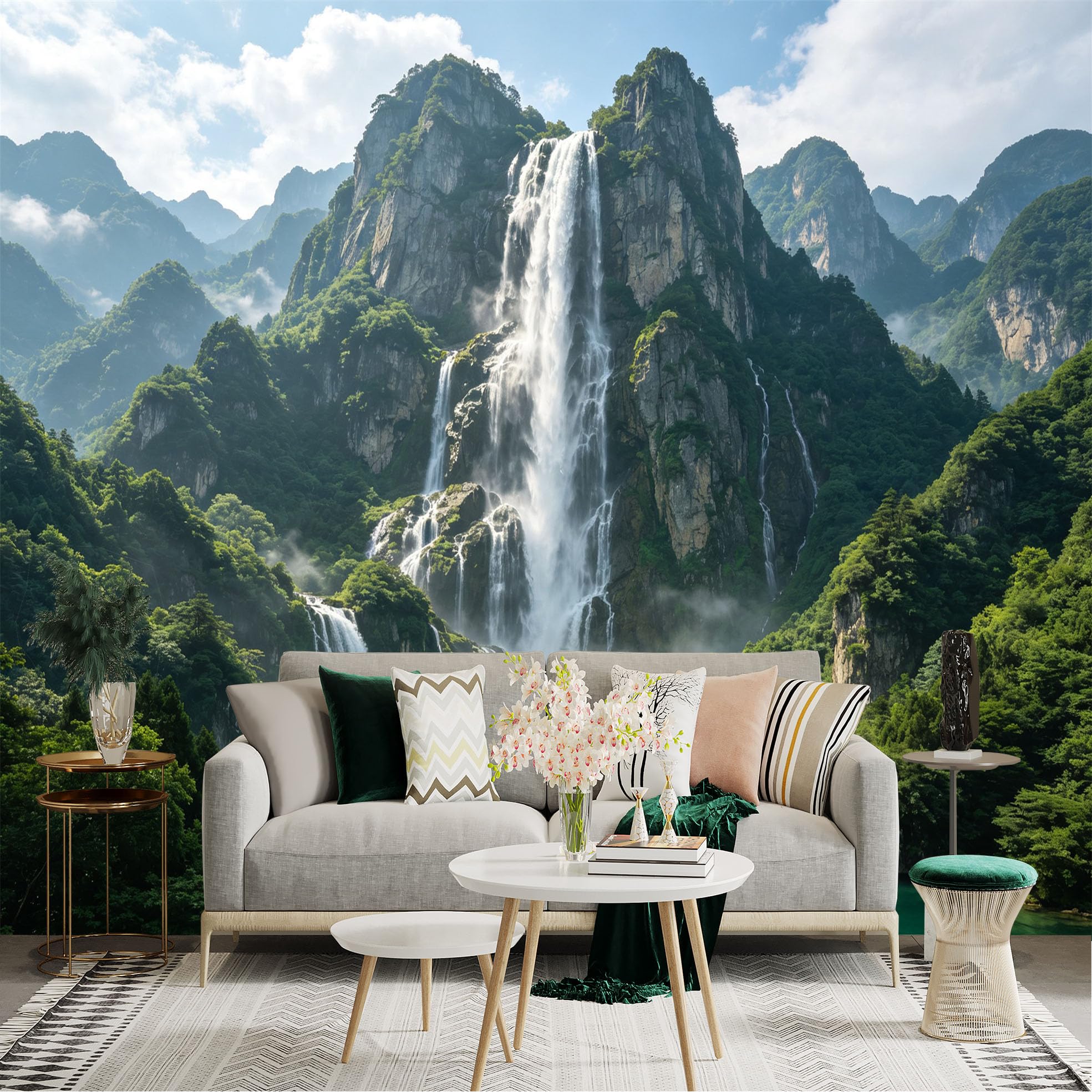 Custom Size Wall Sticker Mural， Majestic Waterfall in Green Mountains， Serene Lake Landscape， Tropical Rainforest Scenery， for wall Decoration， peelandstick wall Decals.