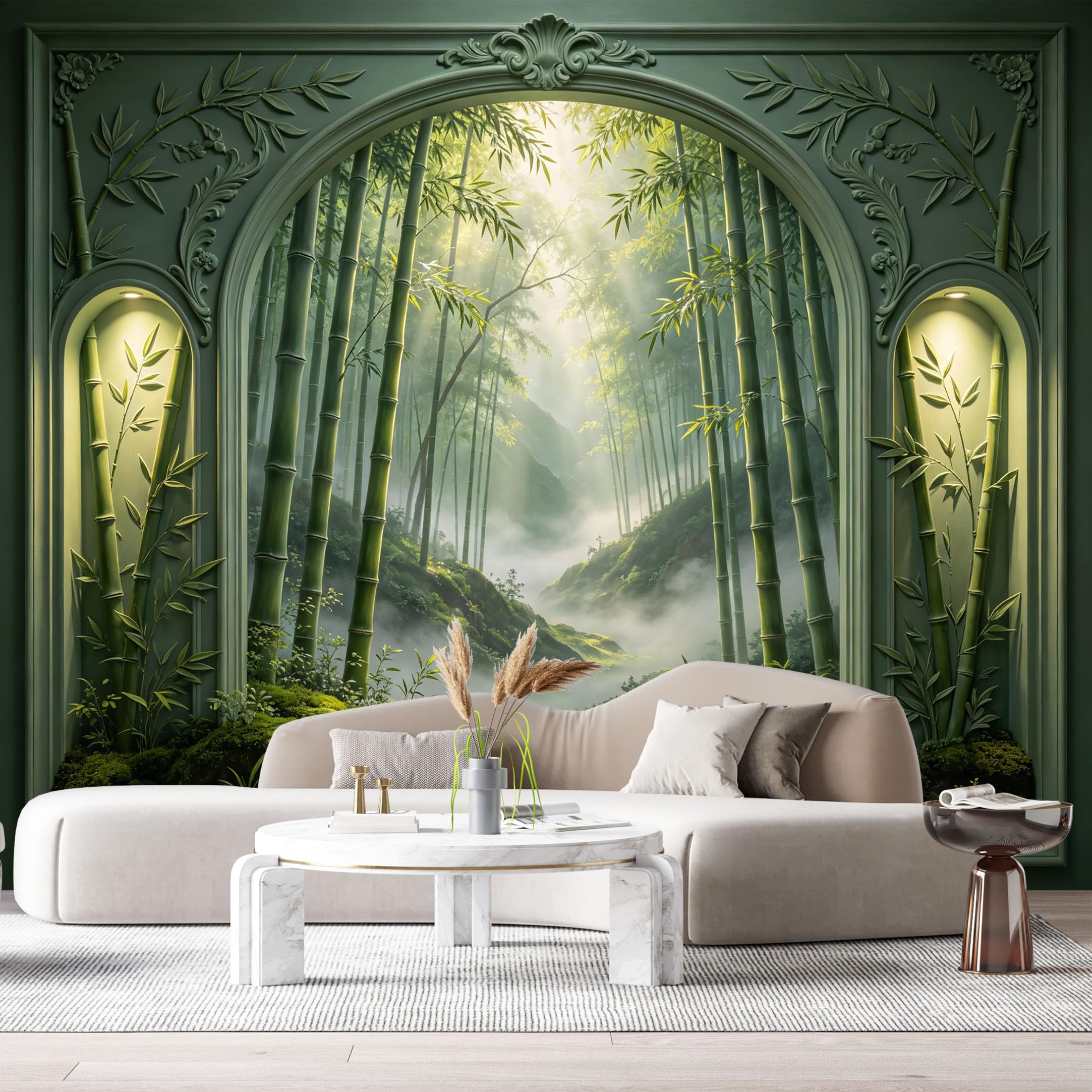 Custom Size Wall Murals Bamboo Forest Mist Archway 3D Trompe L'Oeil SelfAdhesiveWall Fabric Removable Wallpaper Wall Decor for Living Room Bedroom Bathroom