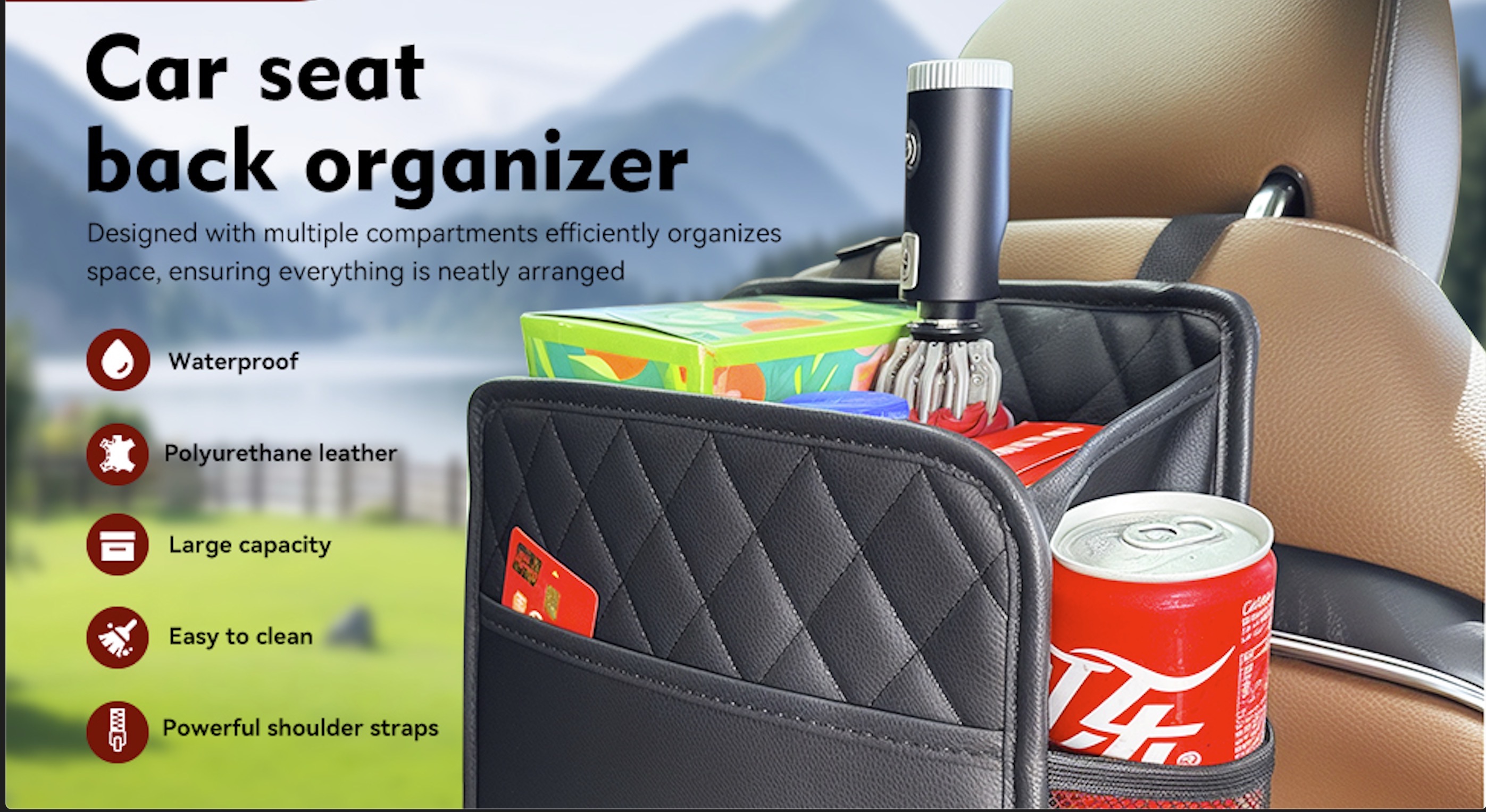 RAKSONIC 2 Pack Car Seat Back Hanging Bag,Storage Bag For Cups,Paper Towels,and Small Items,Premium Waterproof PU Leather Car Seat Back Organizers,Seat Hanging Bag Universal For Car(2 Pcs Black2