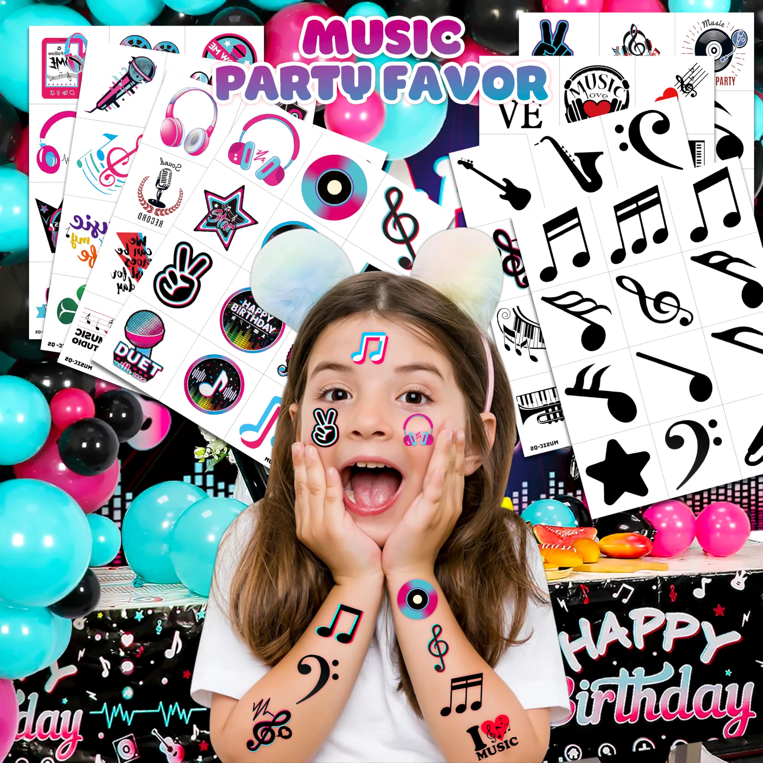 (96PCS) Music Note Notes Musical Motivational Pre-Cut Temporary Tattoos for Kids Birthday Themed Party Supplies Decorations Favors Super Cute Instrument Stickers Tattoo (Normal)