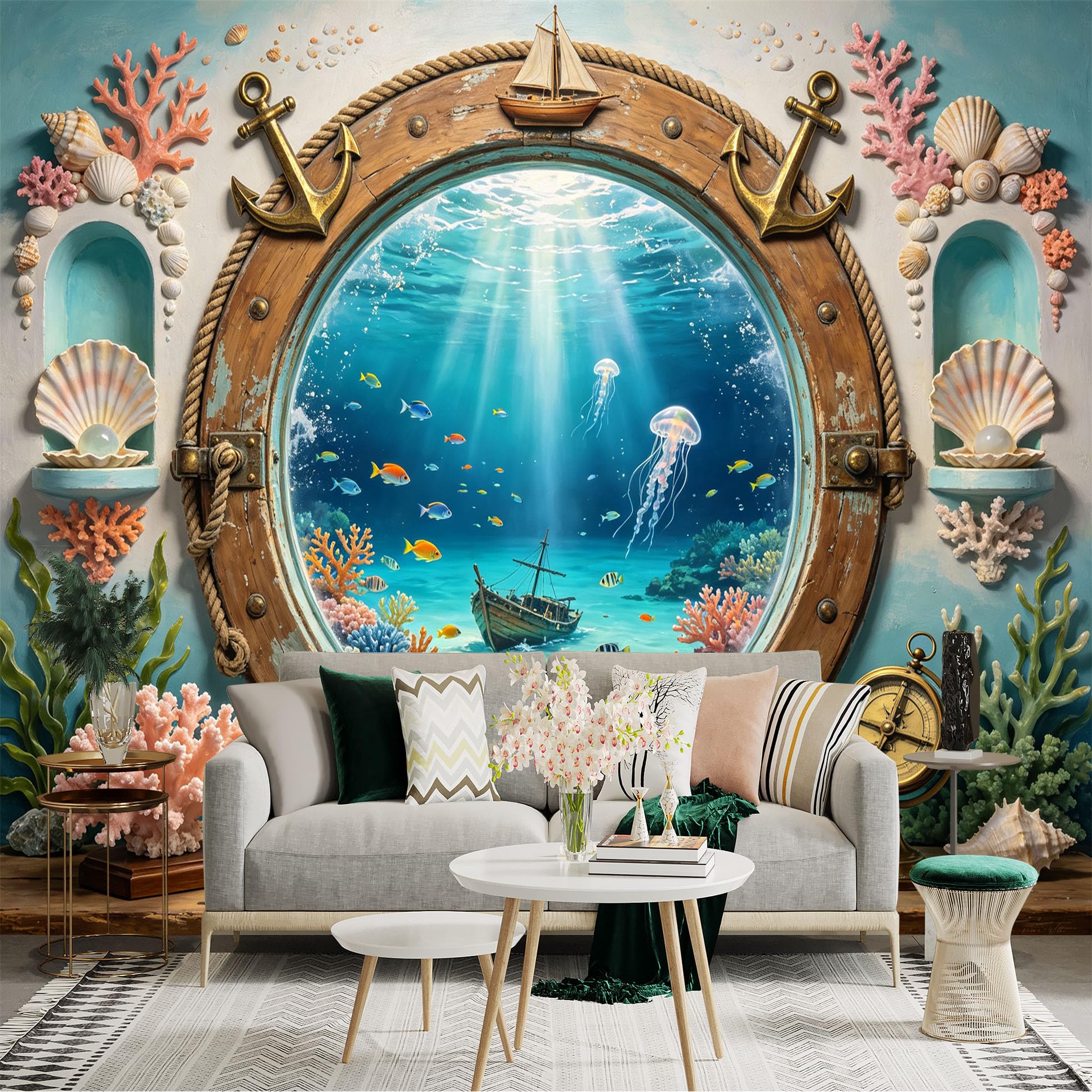 Custom Size Wall Sticker Mural， Nautical Ocean Porthole， Coral Reef and Jellyfish， for wall Decoration， peelandstick wall Decals.