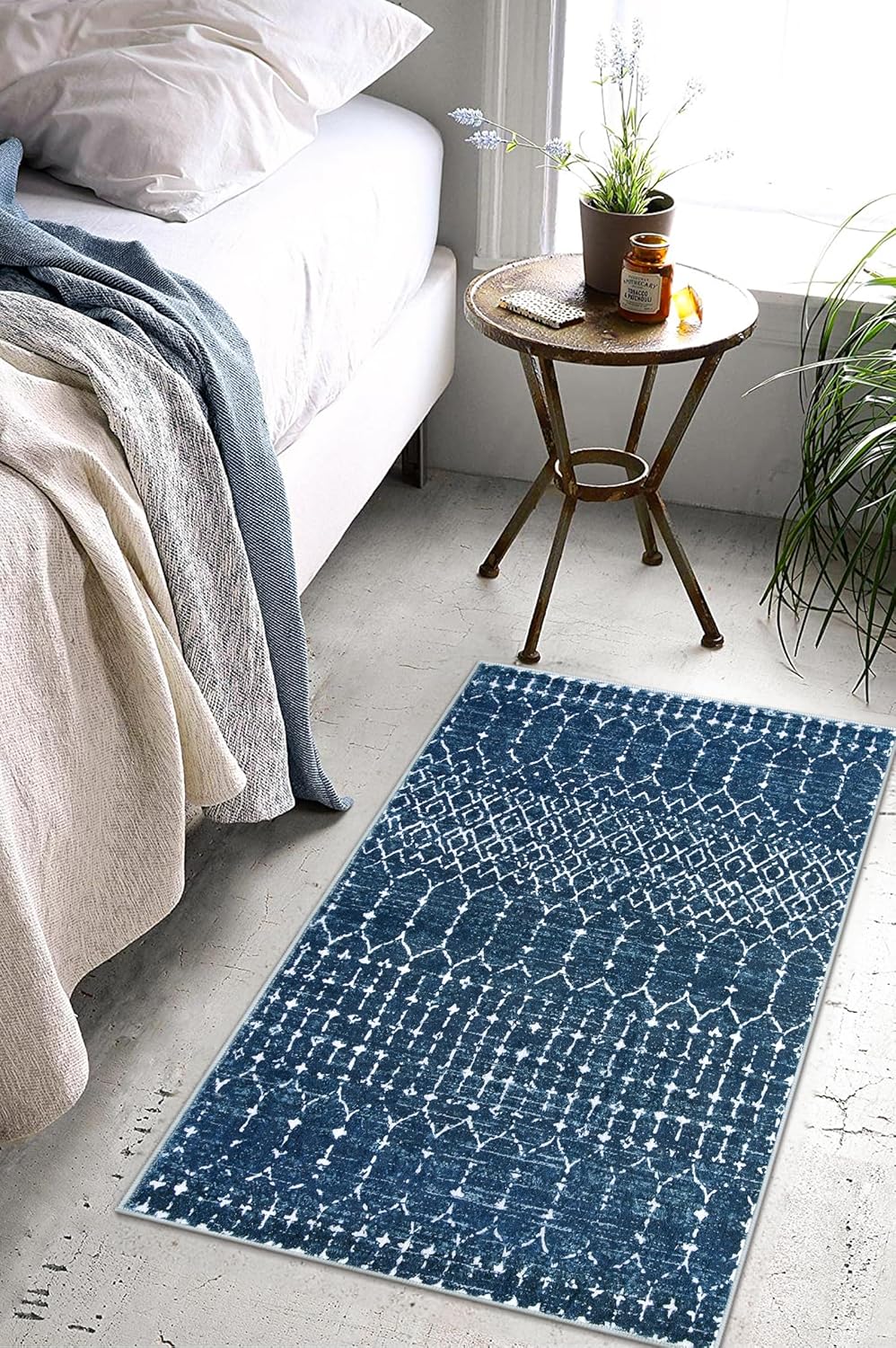 Lahome Moroccan Indoor Rugs for Entryway 2x3 Area Rug Non-Slip Backing Washable Inside Door Mats Low-Profile Throw Soft Rugs for Bathroom, Geometric Print Distressed Blue Rug for Kitchen Bedside Hana