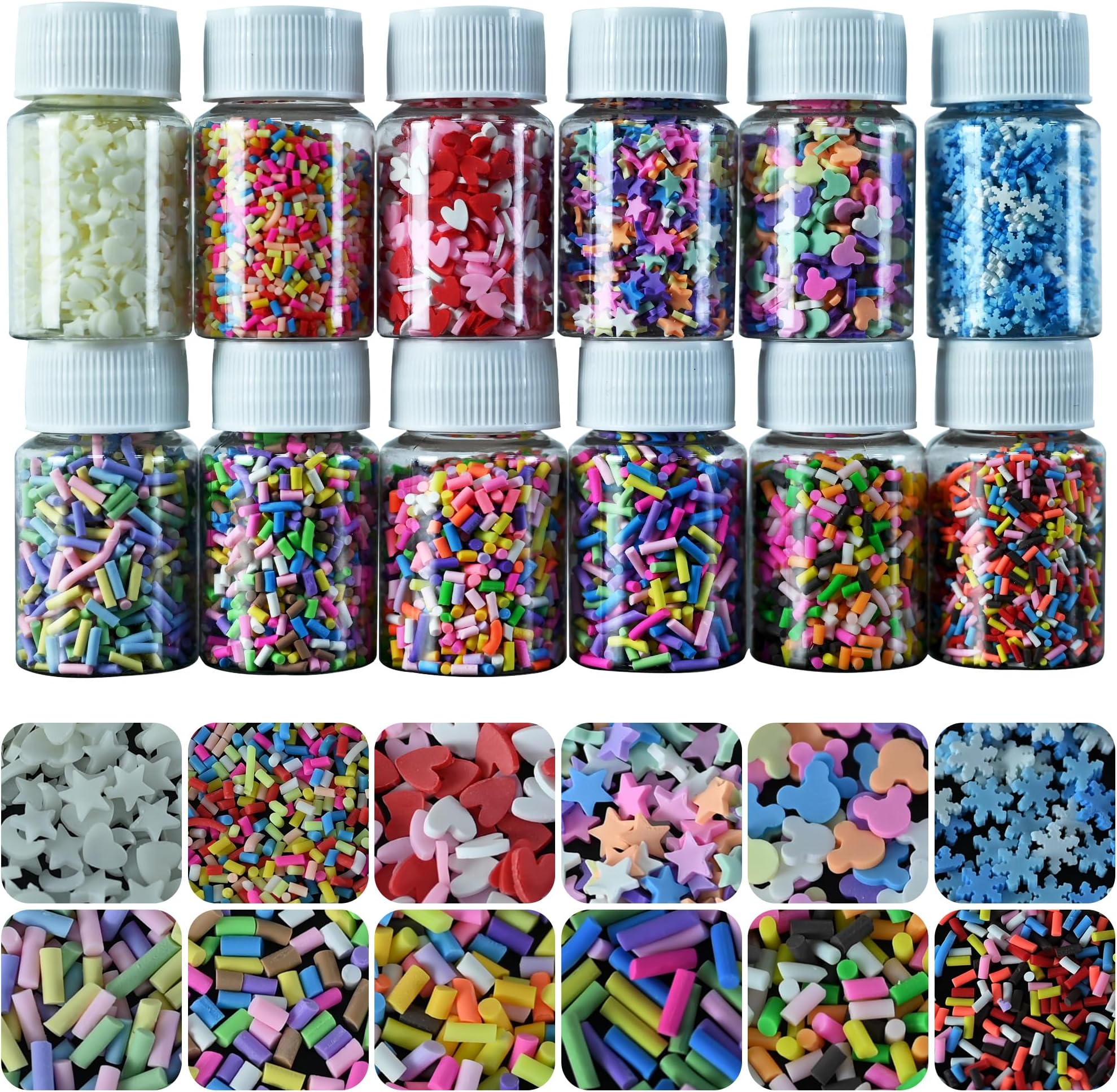 LIKETURE Fake Sprinkles 12 Jars 180g Polymer Clay Sprinkles Fake Candy Sprinkles Faux Sprinkle for Resin Slime Craft Plastic Sprinkle Nail Art Phone Case DIY Shaker Card Filler (12 Mixed Colors-180G)