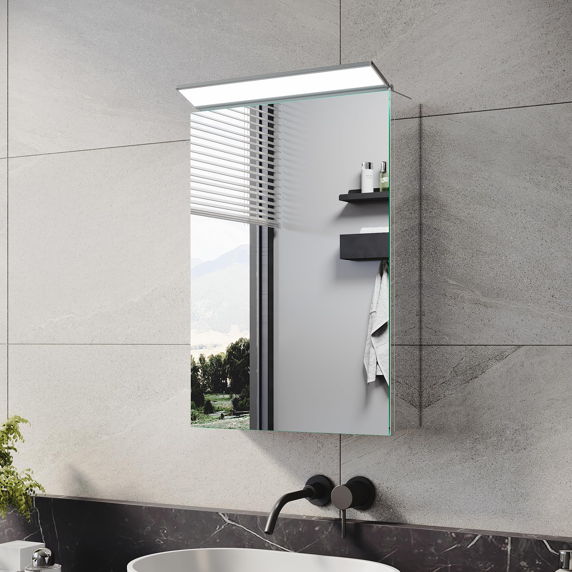ELEGANT Bathroom Mirror Cabinet with LED Makeup Light and Fully Assembled, Stainless Steel Wall Mounted Storage, Modern Single Mirrored Door Bathroom Cabinets 360 x 520 mm