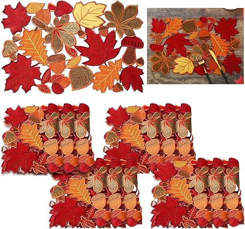 Ganeen 12 manteles individuales de Navidad con apliques bordados de Navidad para el hogar, comedor, vacaciones, decoración de mesa de Navidad