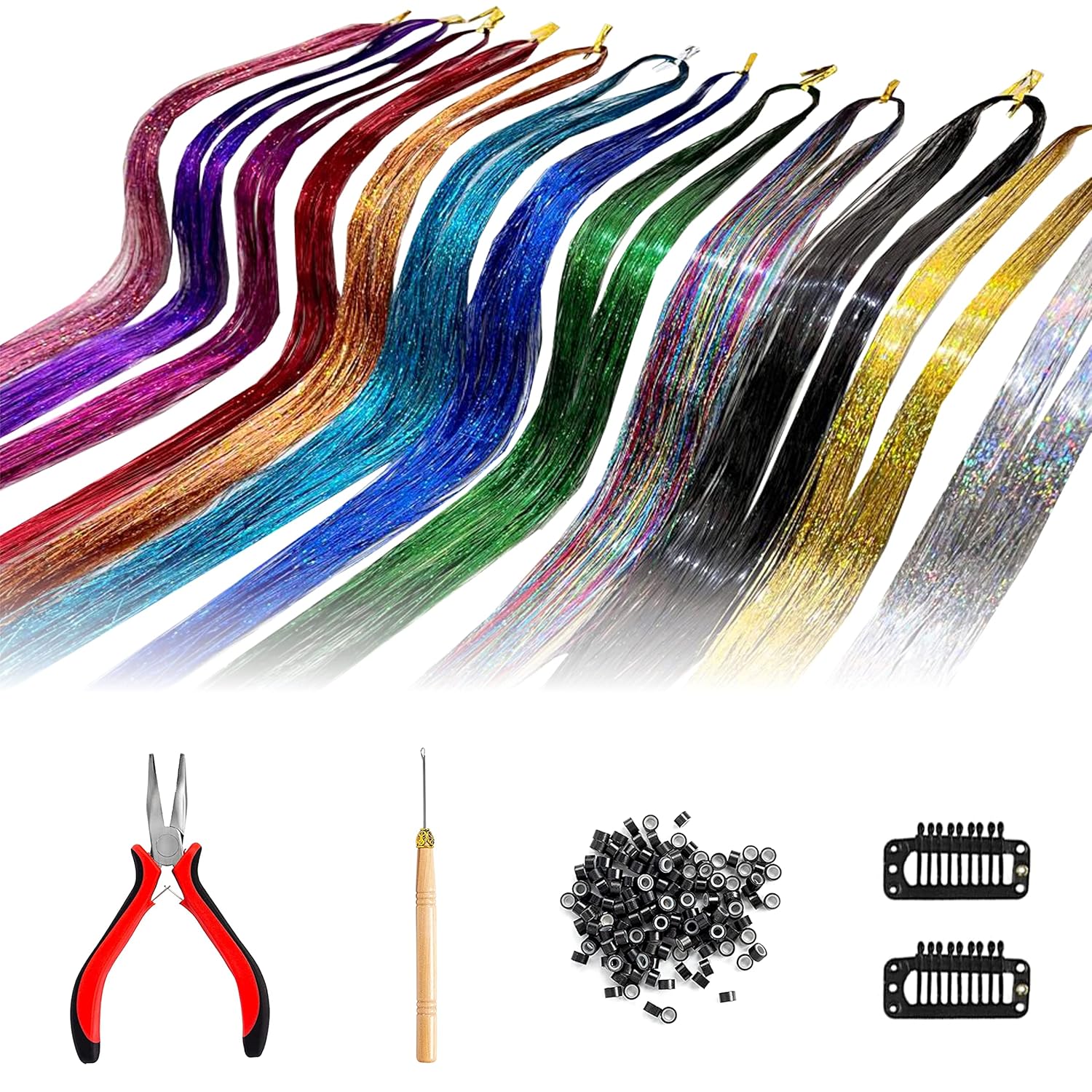 EASYOUNG Hair Tinsel Kit 47 Inches 12 Colors 2400 Tinsel Strands