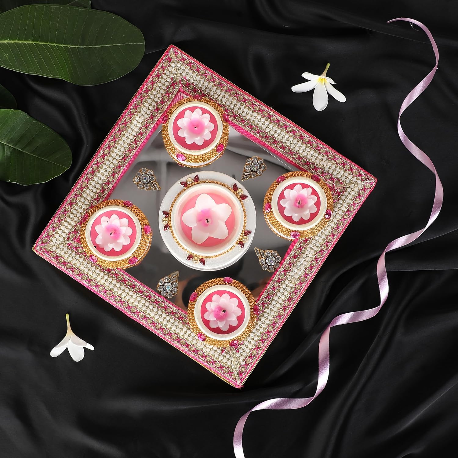 5 Pc Set Large Size Pink and White Decorated Clay MATKI Wax Filled Diya | Diwali Pooja Handmade Dia | Terracotta - Natural EARTHEN Diya - Handpainted with MDF Gift Package