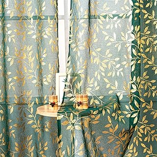 Deeprove Sheer Curtains 84 Inches Length 2 Panels Set, Gold Foil Metallic Leaves Print Dark Hunter Window Treatments Pair for Bedroom, Golden Privacy Xmas Christmas Drapes 52