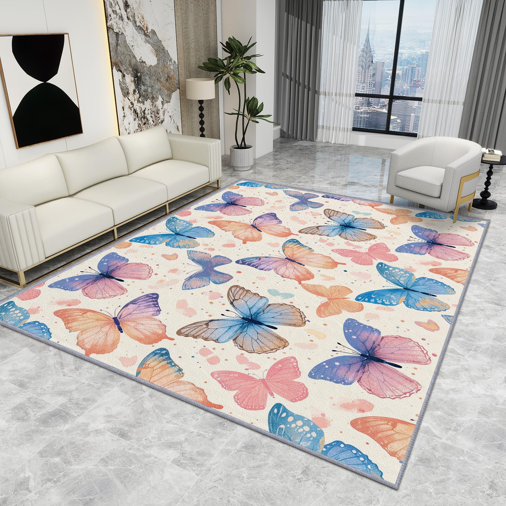 Butterfly Cute Pastel Rug - Kids Nursery Carpet, Washable Non Slip Low Pile Soft Small Area Rug, 60 X 90 cm