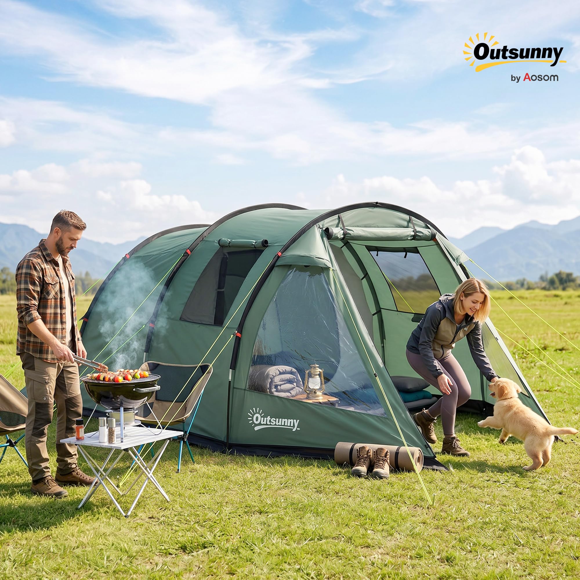 Outsunny Tienda de Campaña de Túnel Tienda Camping para 3 Personas Impermeable PU2000 mm Protección UV30+ con Ventanas y Bolsa de Transporte para Trekking Camping Playa Aventura 475x264x172 cm Verde