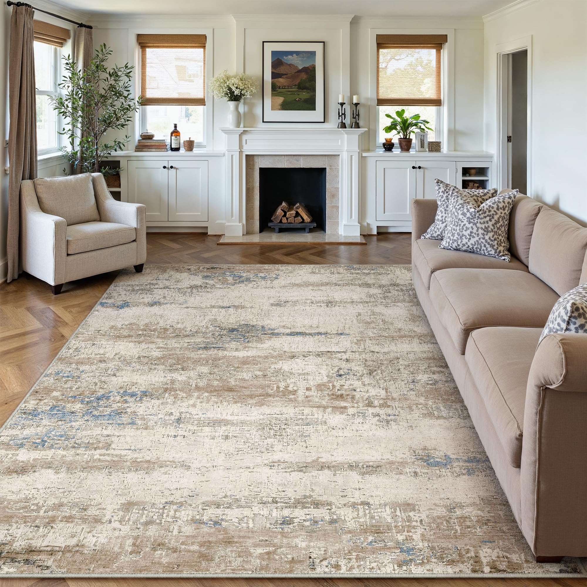 PureCozy 8x10 Area Rug Washable Vintage Neutral Living Room Carpet Large Indoor Non Slip Brown Bedroom Distressed Low Pile Retro Accent Throw Rug for Dining Room