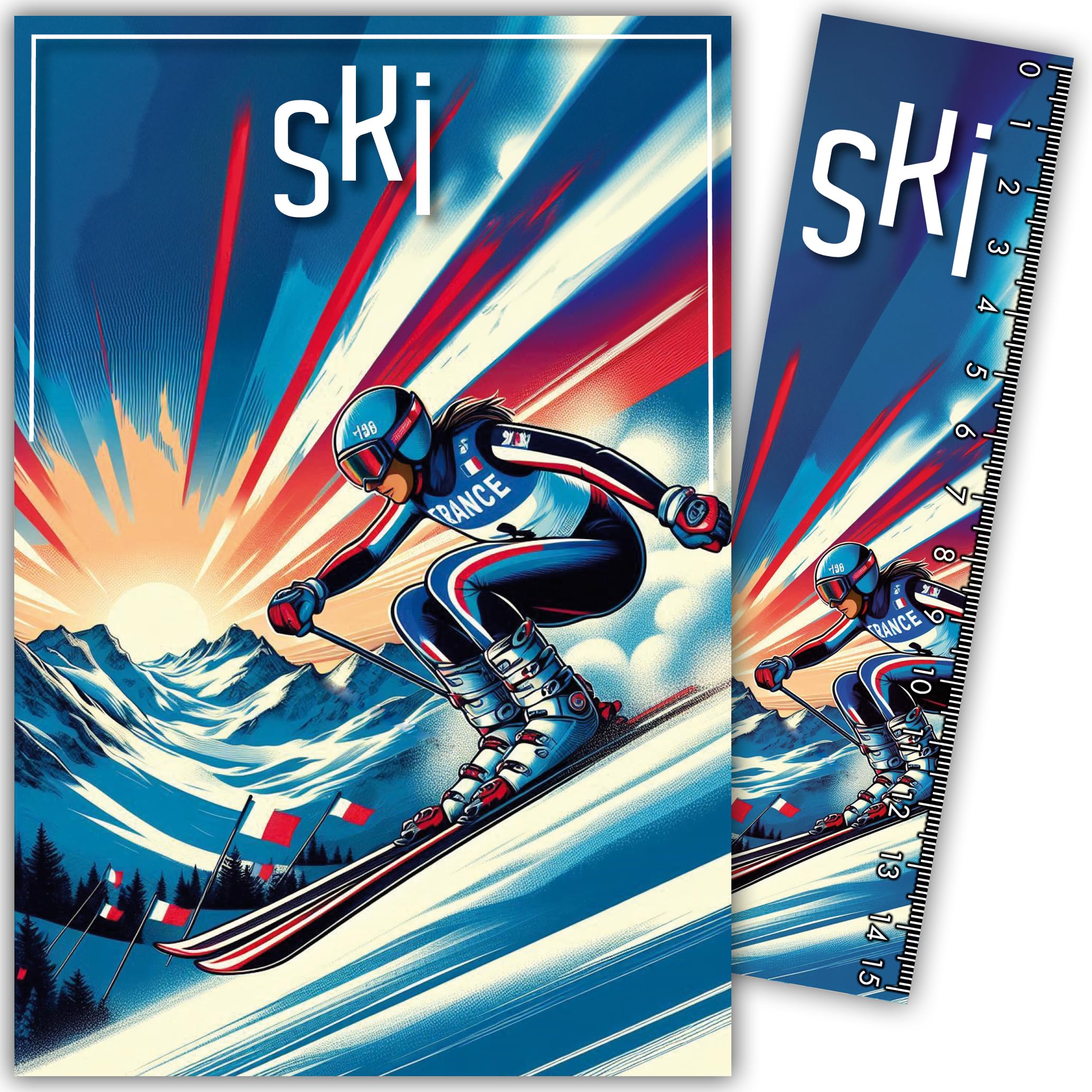 69-1031 Downhill Ski Card Sports Winter Skiing – With Bookmark/Ruler of 15 cm Paper and White Envelope Size 12 x 17.5 cm – Birthday or Party Gift – Made in France