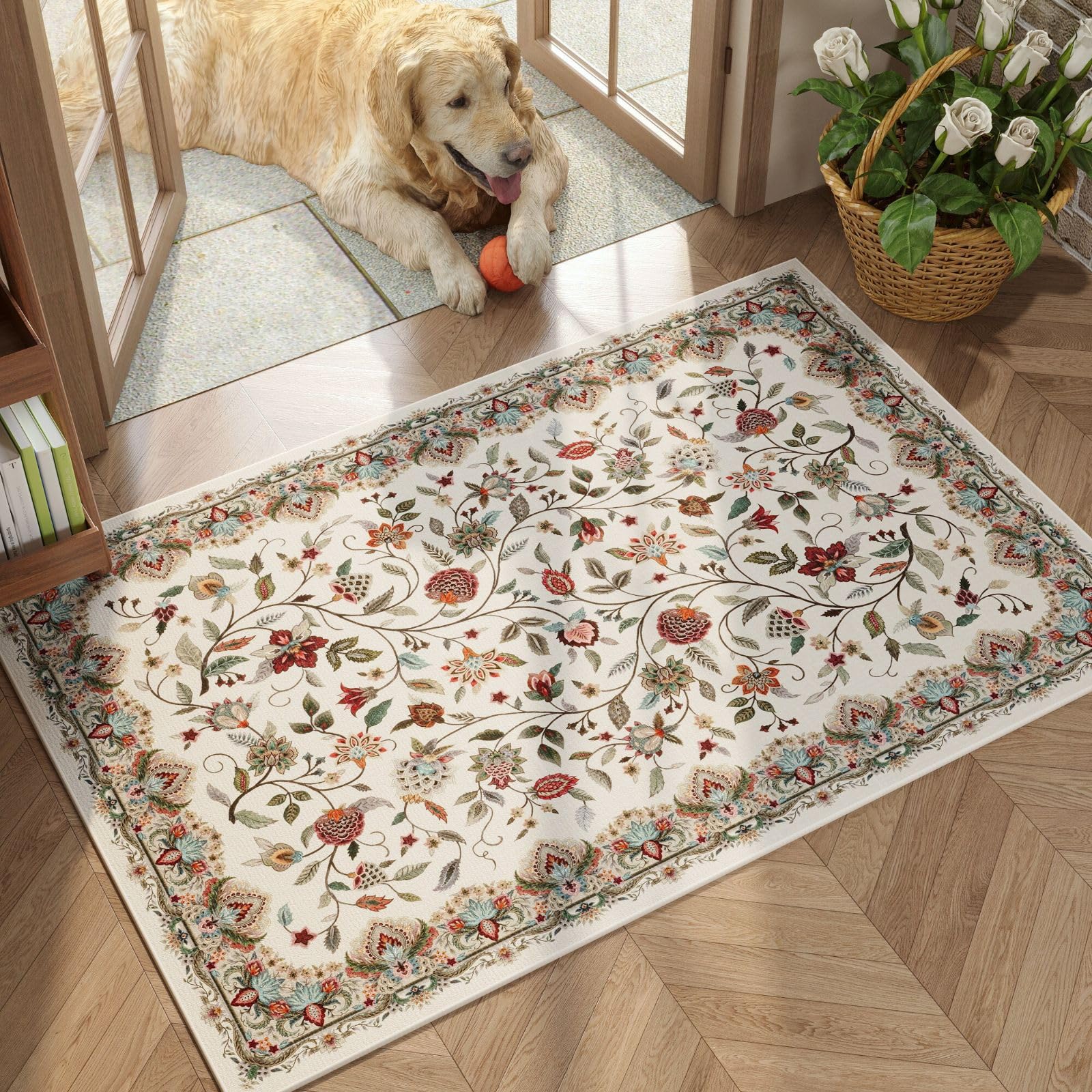 Rugcomf Vintage Paisley Rugs for Bedroom 4'x6' - Machine Washable Area Rug, Non-Slip Low Pile Floral Carpet for Girl/Boys Room, Living Room, Kids, Entry - Beige
