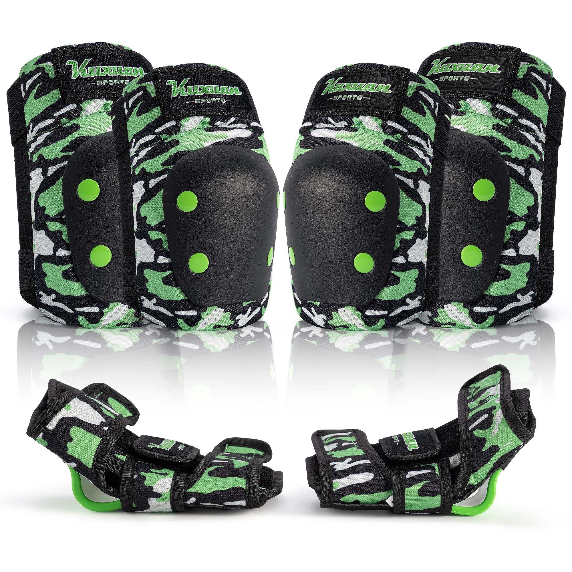 Kuxuan skatesKnee Pads for Kids Youth Green Elbow Pads Wrist Guards for Girls Boys 7 in 1 Protective Gear Set with Gift Box in Skateboarding Biking Roller Skating Cycling Outdoor Sports