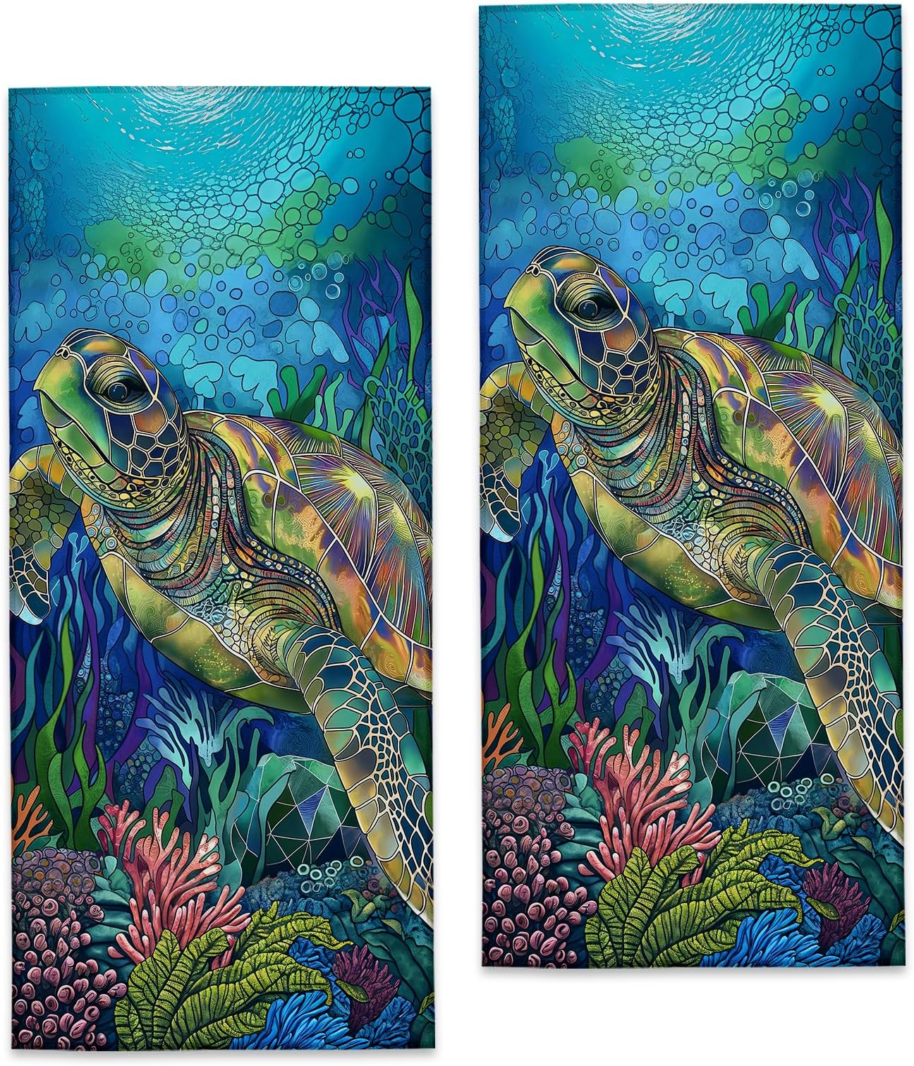 Sea Turtle Hand Towels - 2 Pack, 14.5" X 28", Soft Microfiber Polyester Bath Towel Set with Ocean Coral Reef, for Bathroom Kitchen Spa Hotel Decor Gifts for Women