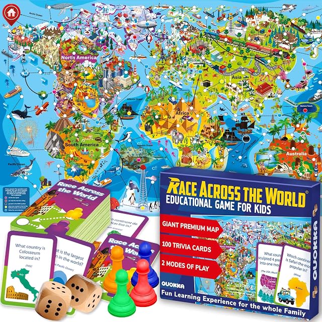 QUOKKA Board Game 1 to 10 Players - Learning, Educational - Geography, World - 100 Question Cards, Top Facts - Indoor, Outdoor - Kids, Teens, Adults, Family